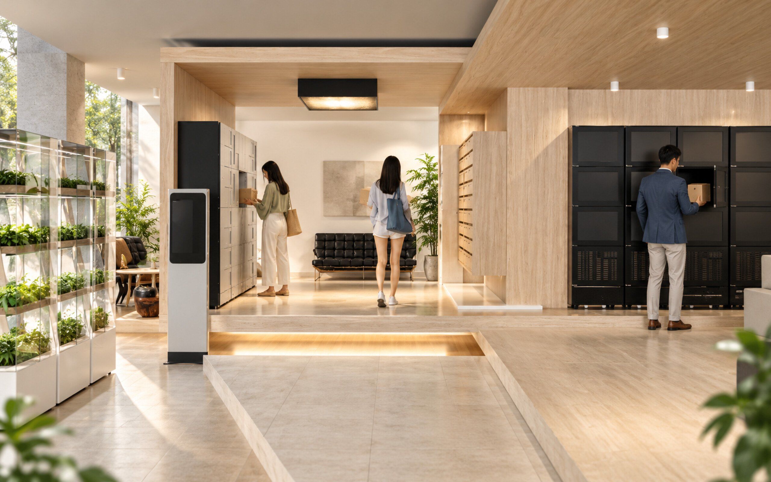 Bright building lobby with a smart locker wall and self-service kiosk