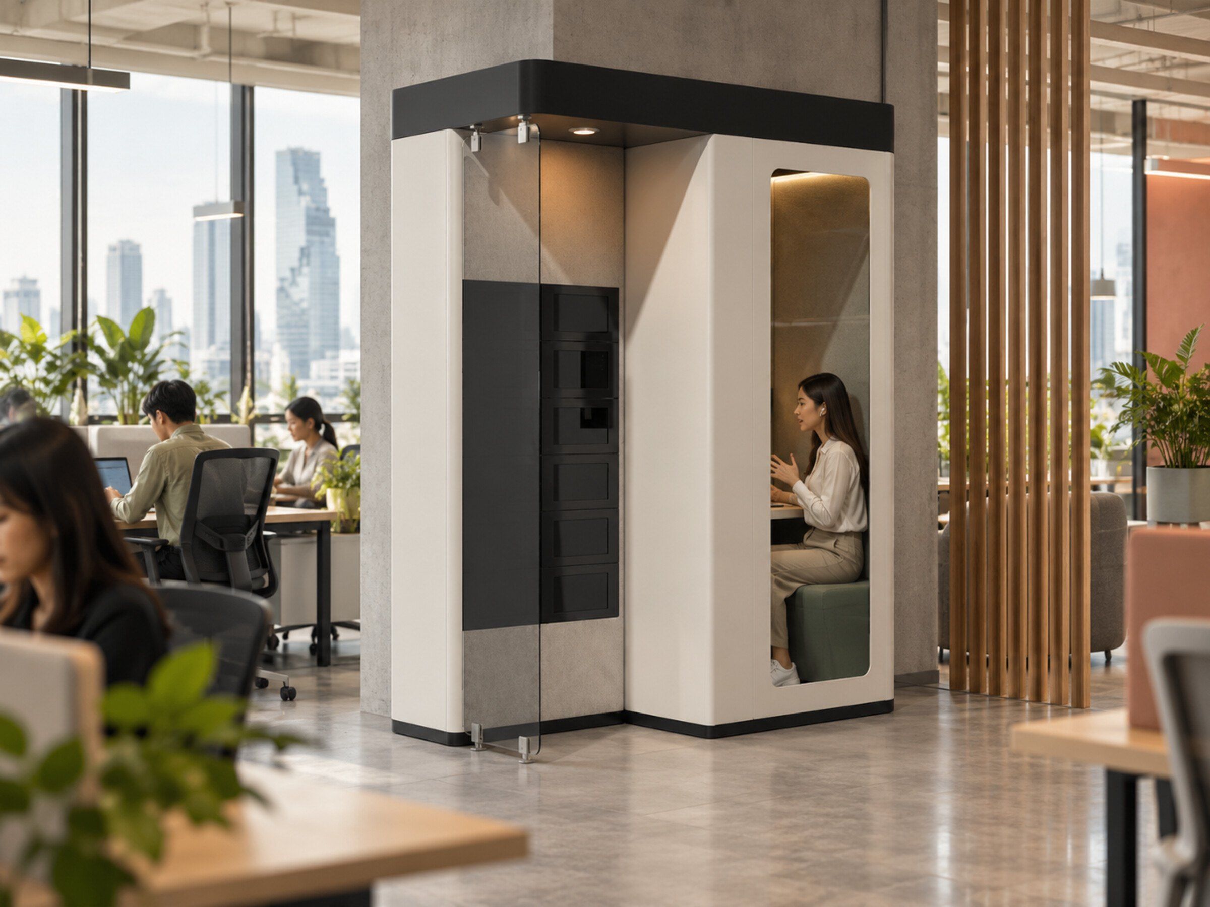 Private single-person work pod in an open-plan office