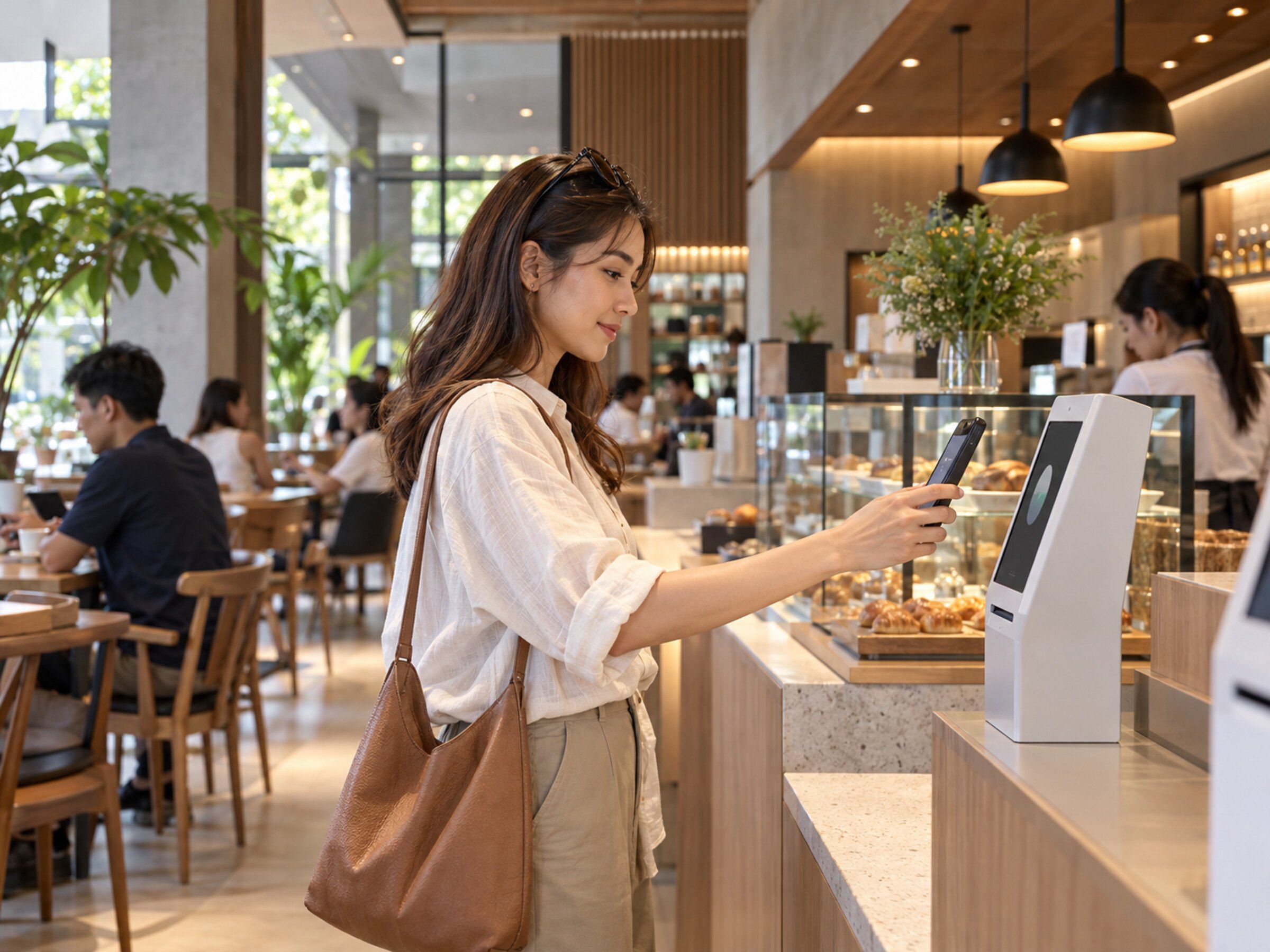 Retail or car-park setting: a person pays at a slim payment kiosk with a phone QR