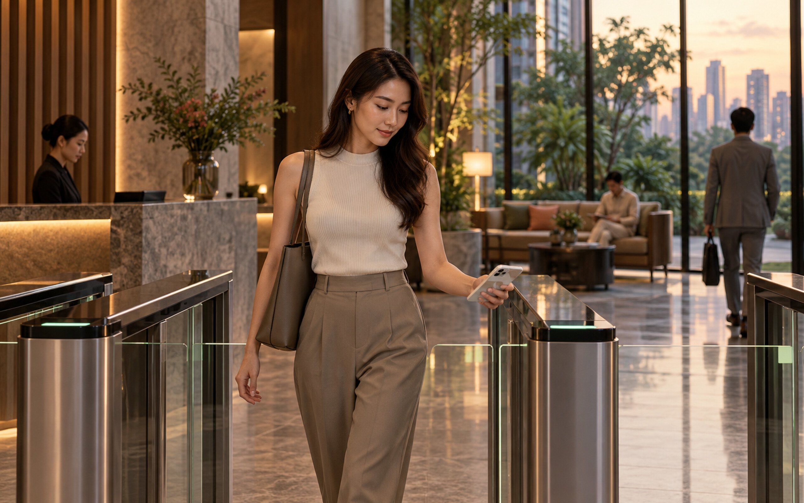 Premium condominium lobby with access gates, app on a resident's phone and soft evening light