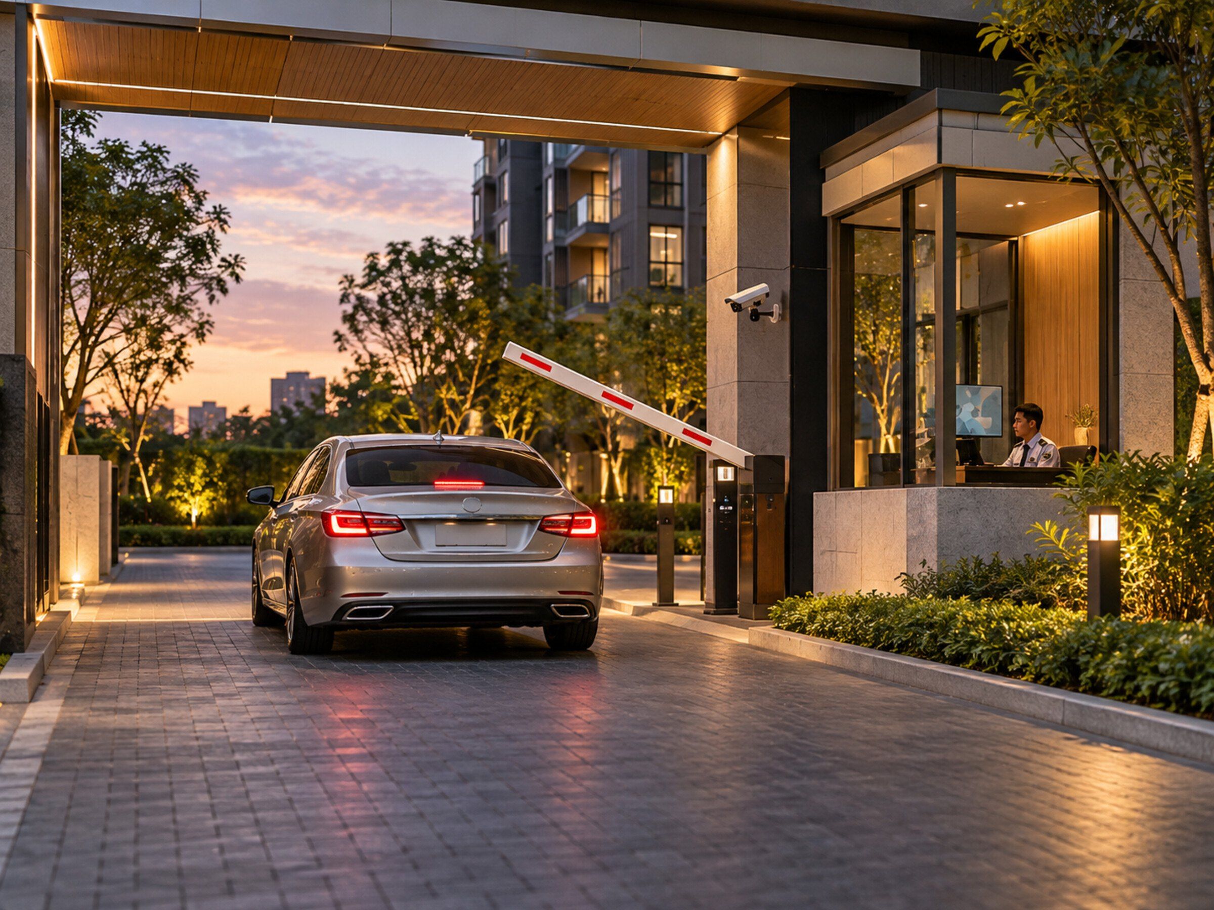 Condo entrance gate: a car stops, camera reads the plate, barrier lifts