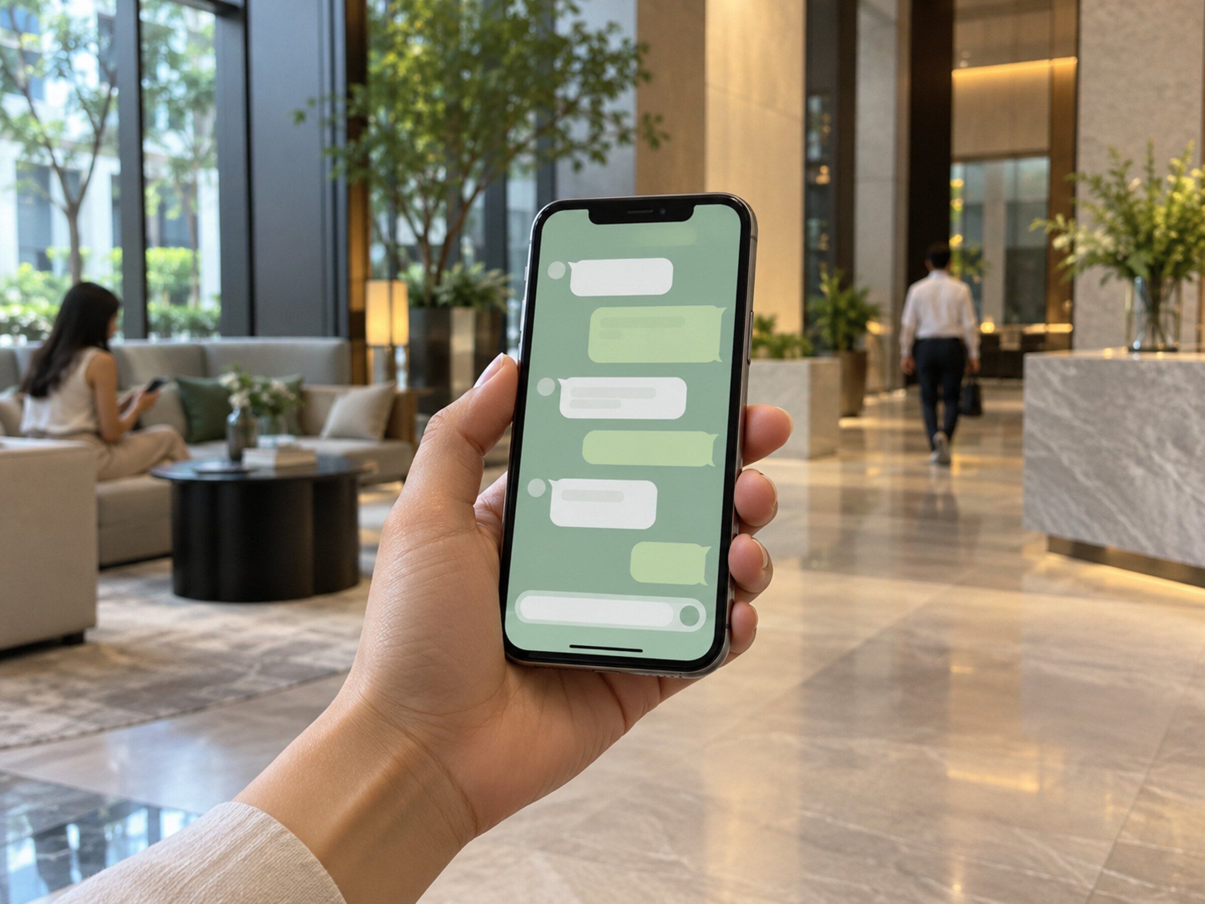 Hand holding a phone with a green chat-app style interface in a condo lobby