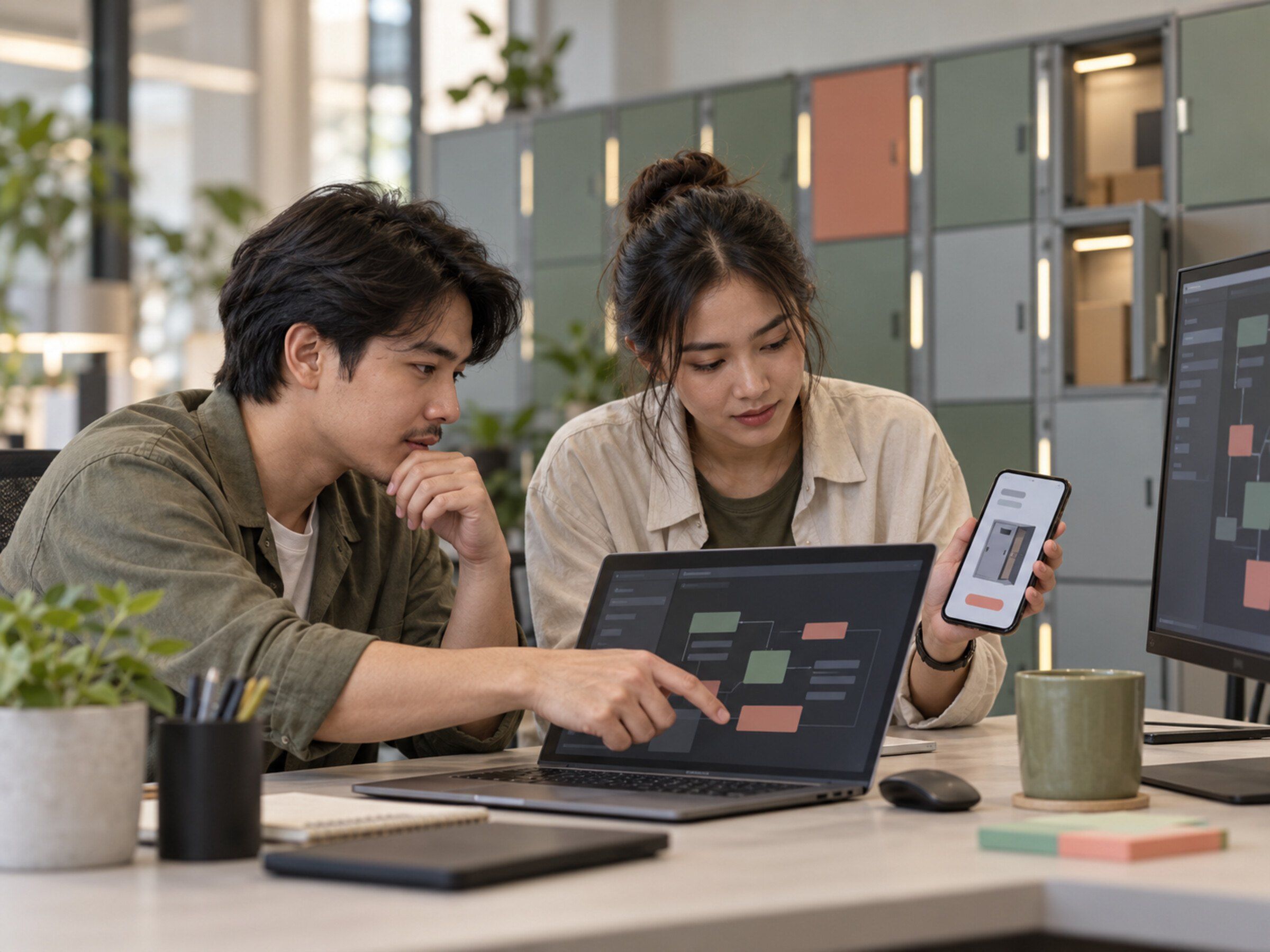 Two developers at a desk connecting a smart locker system to an app — abstract code-like shapes on screens