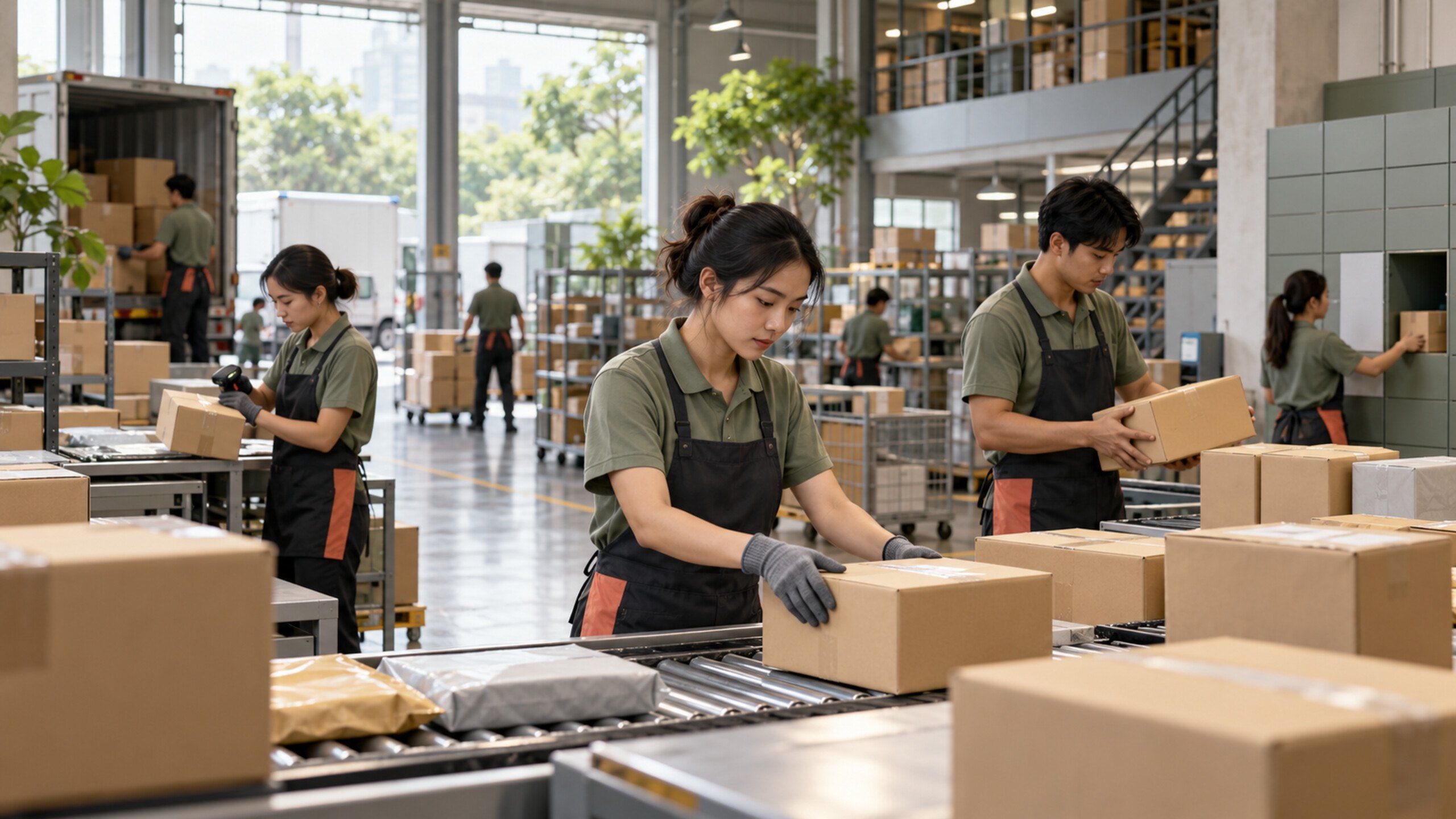 Courier hub with parcel lockers and staff sorting parcels