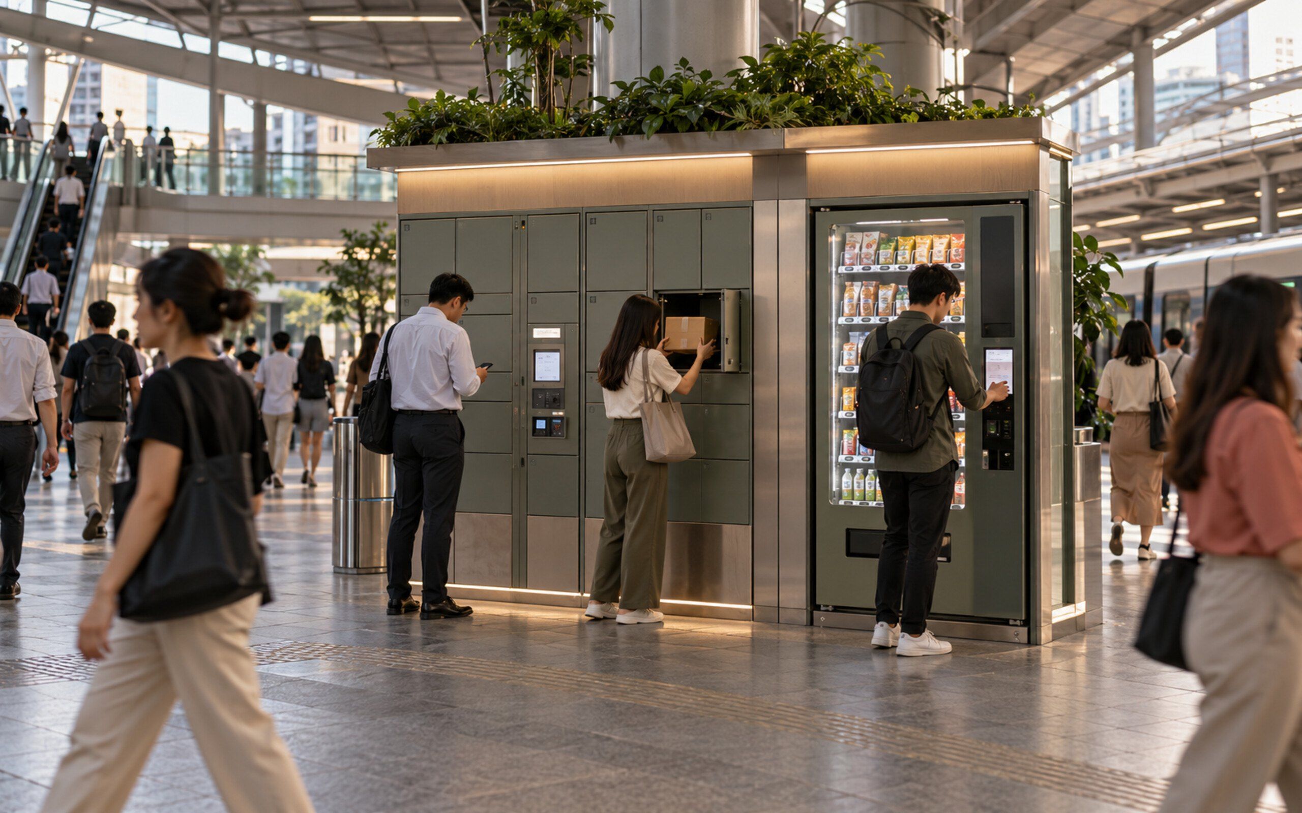 Public smart lockers in a busy station concourse