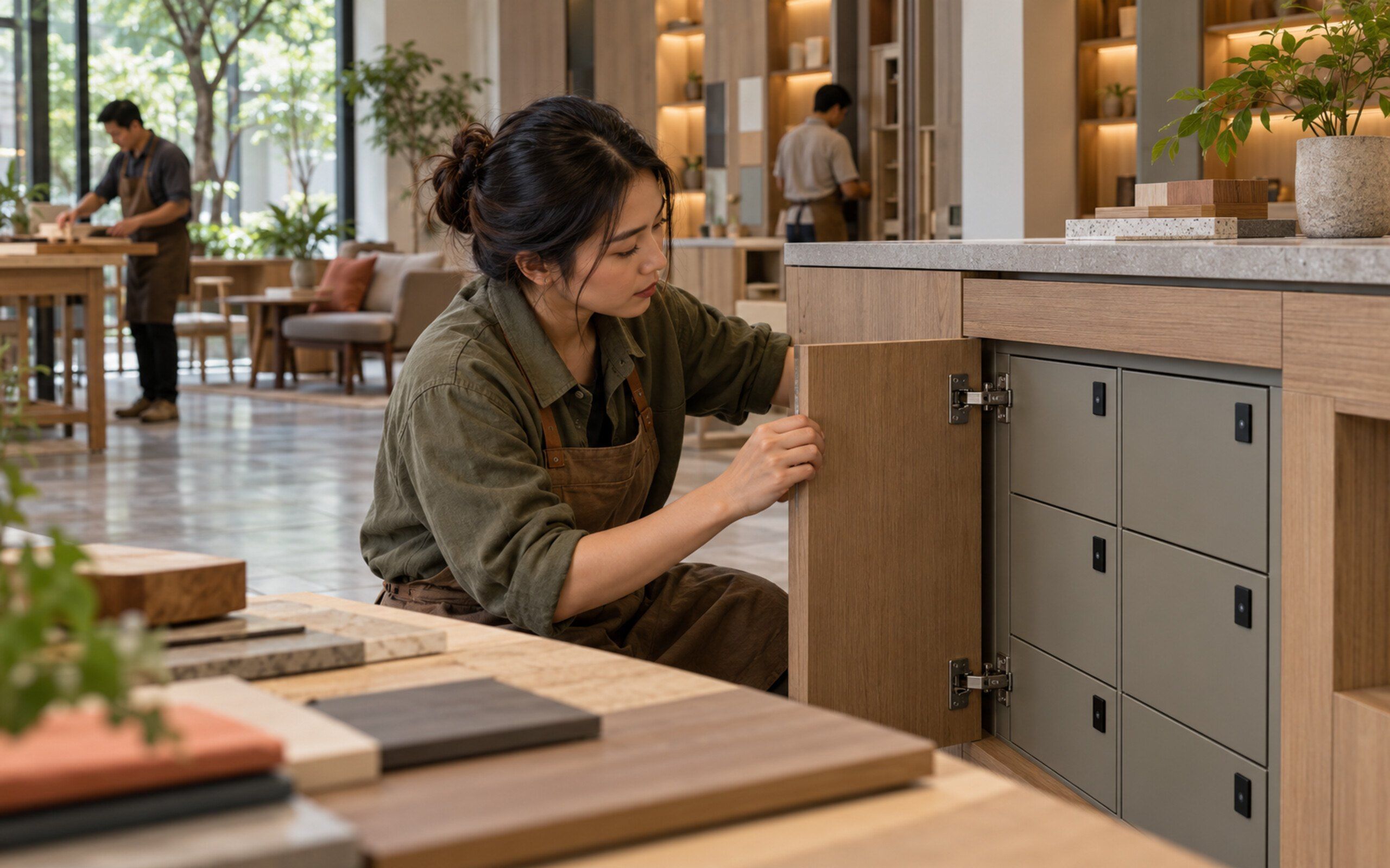 Furniture workshop or showroom where a cabinet integrates small smart locker modules