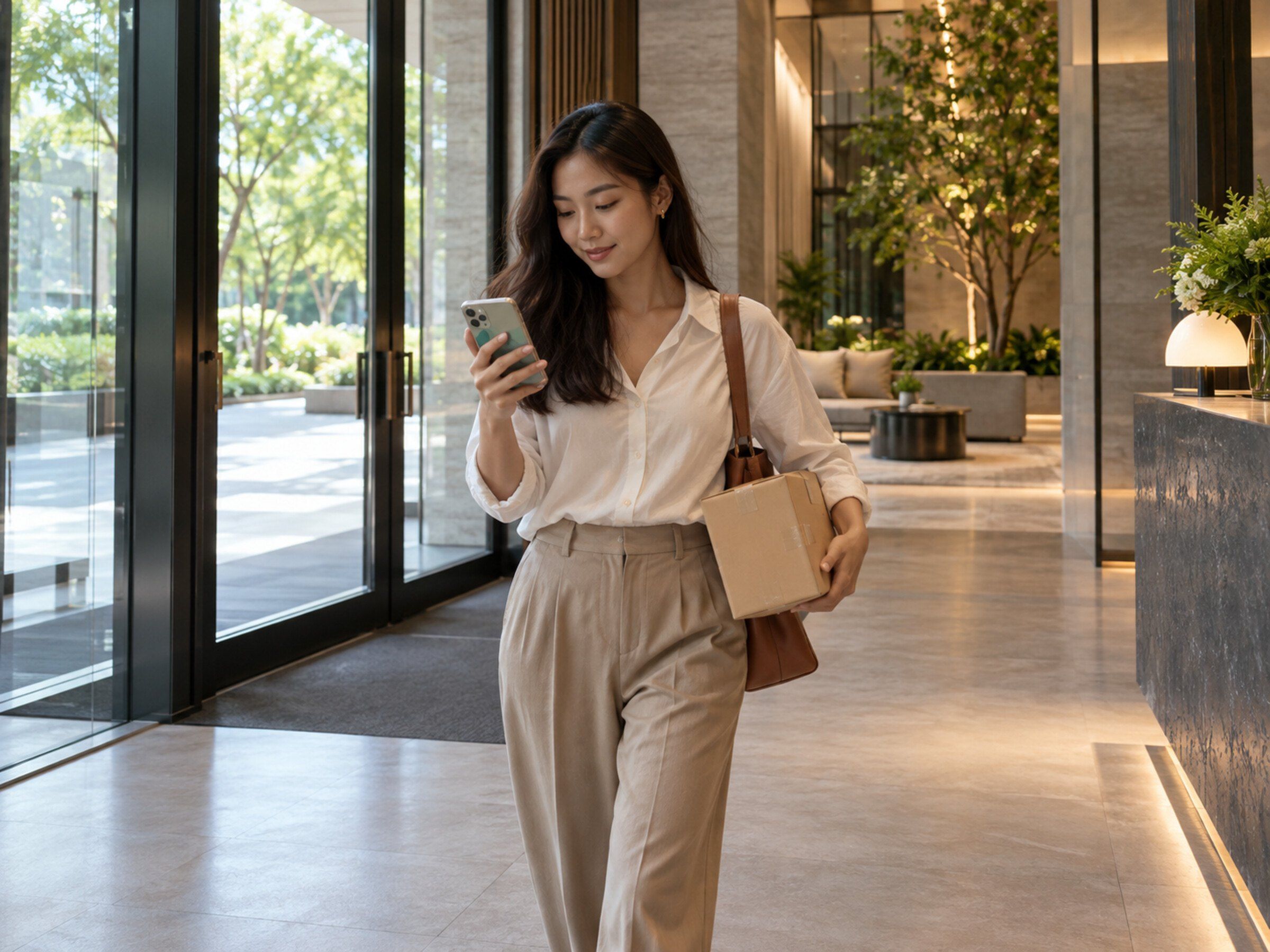 Resident receives a parcel notification on a phone while walking into a condo lobby