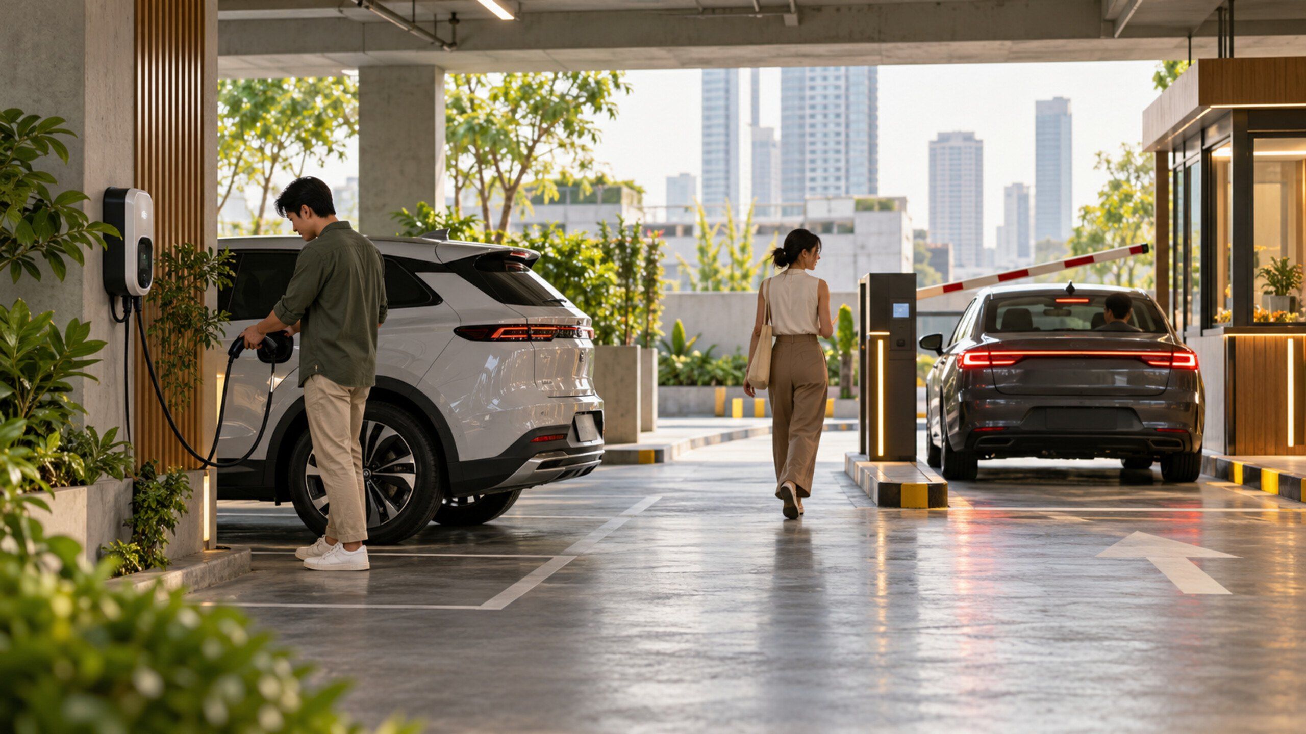 Condo or mall car park: an EV charging at a wall charger, a car leaving through a barrier with a payment kiosk
