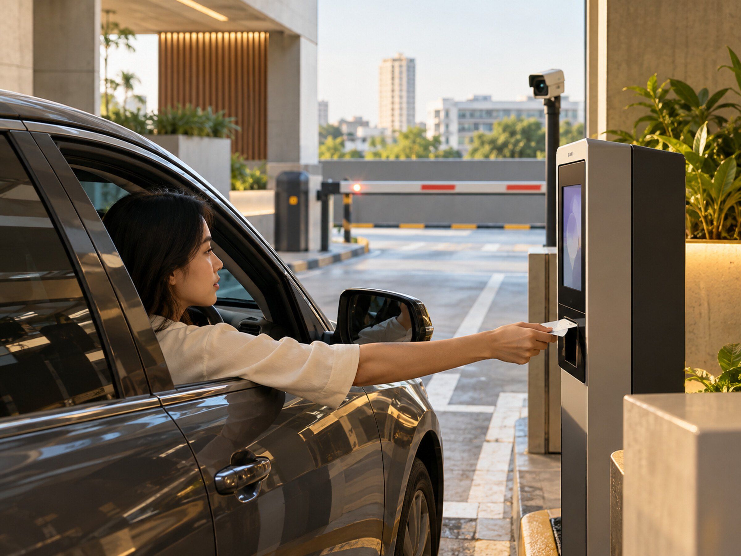 Car park exit: a driver pays at a slim payment kiosk