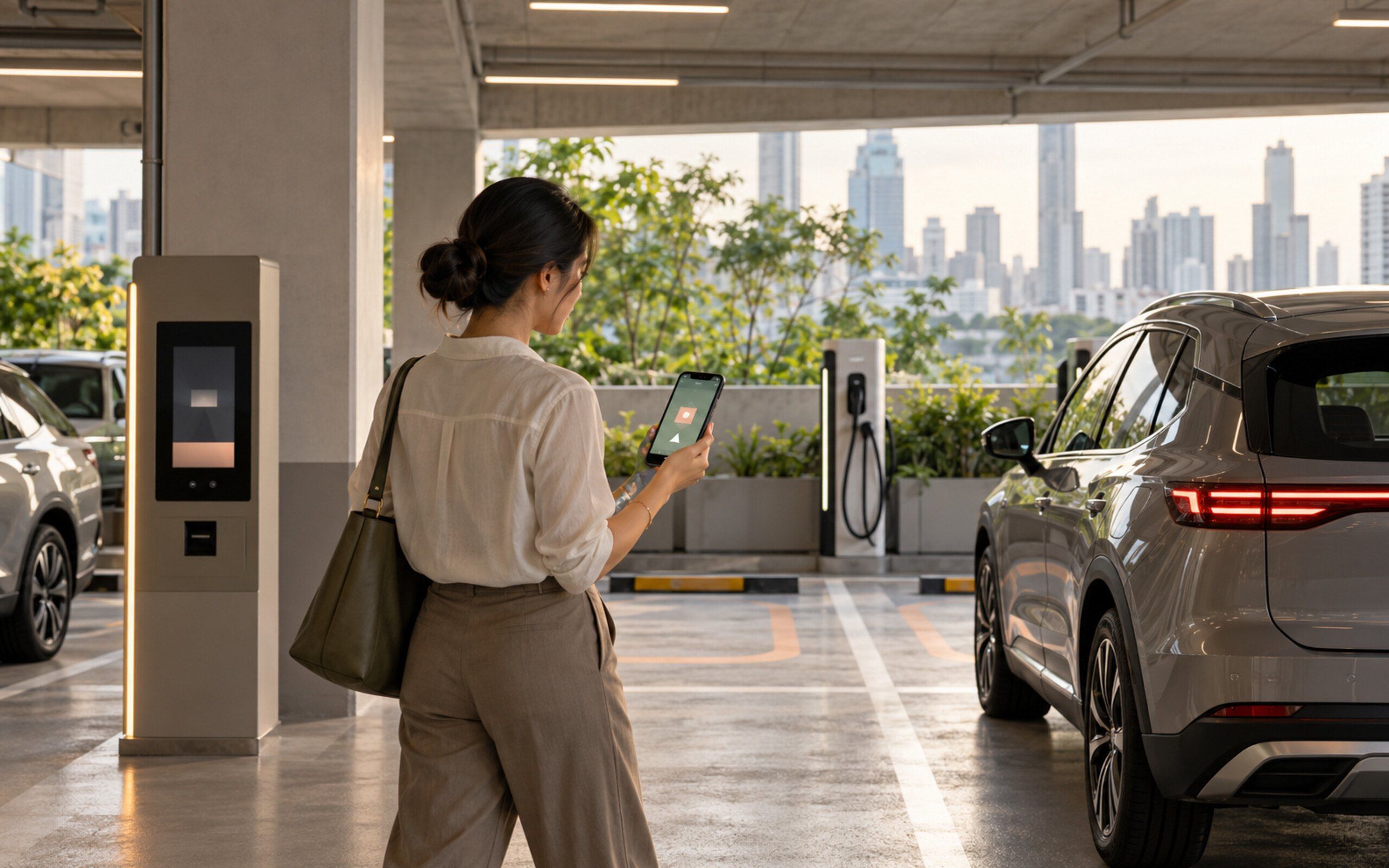 Driver parks in a modern car park guided by an app