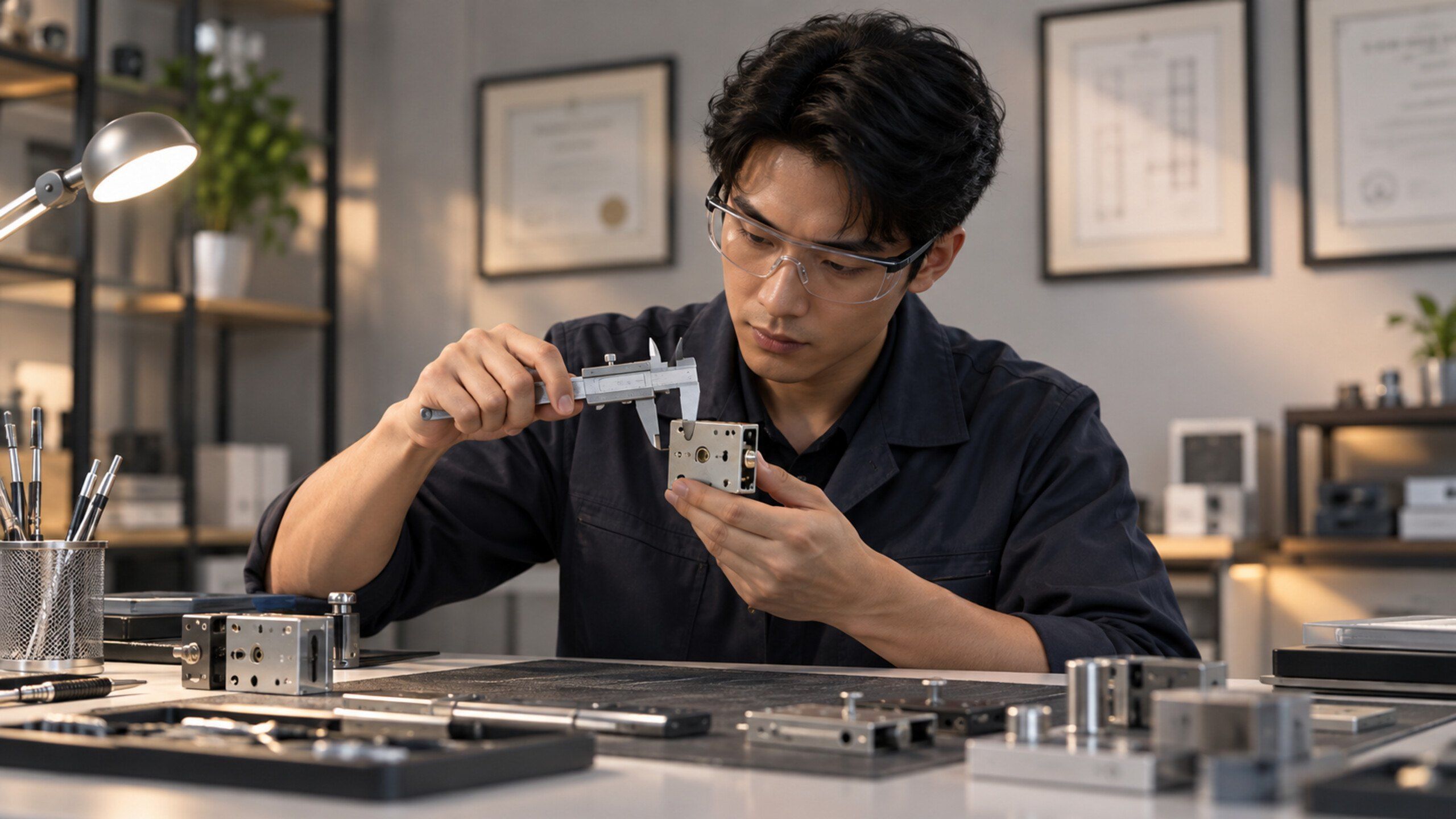 Engineer inspecting a lock module with calipers in a lab