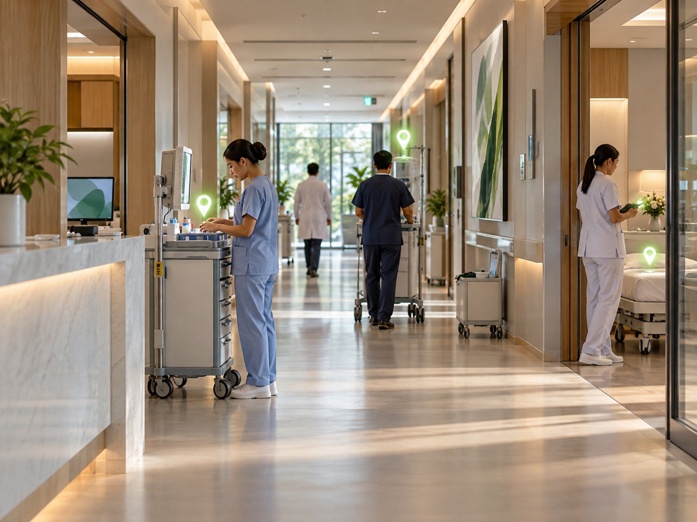Hospital corridor with staff and equipment carts