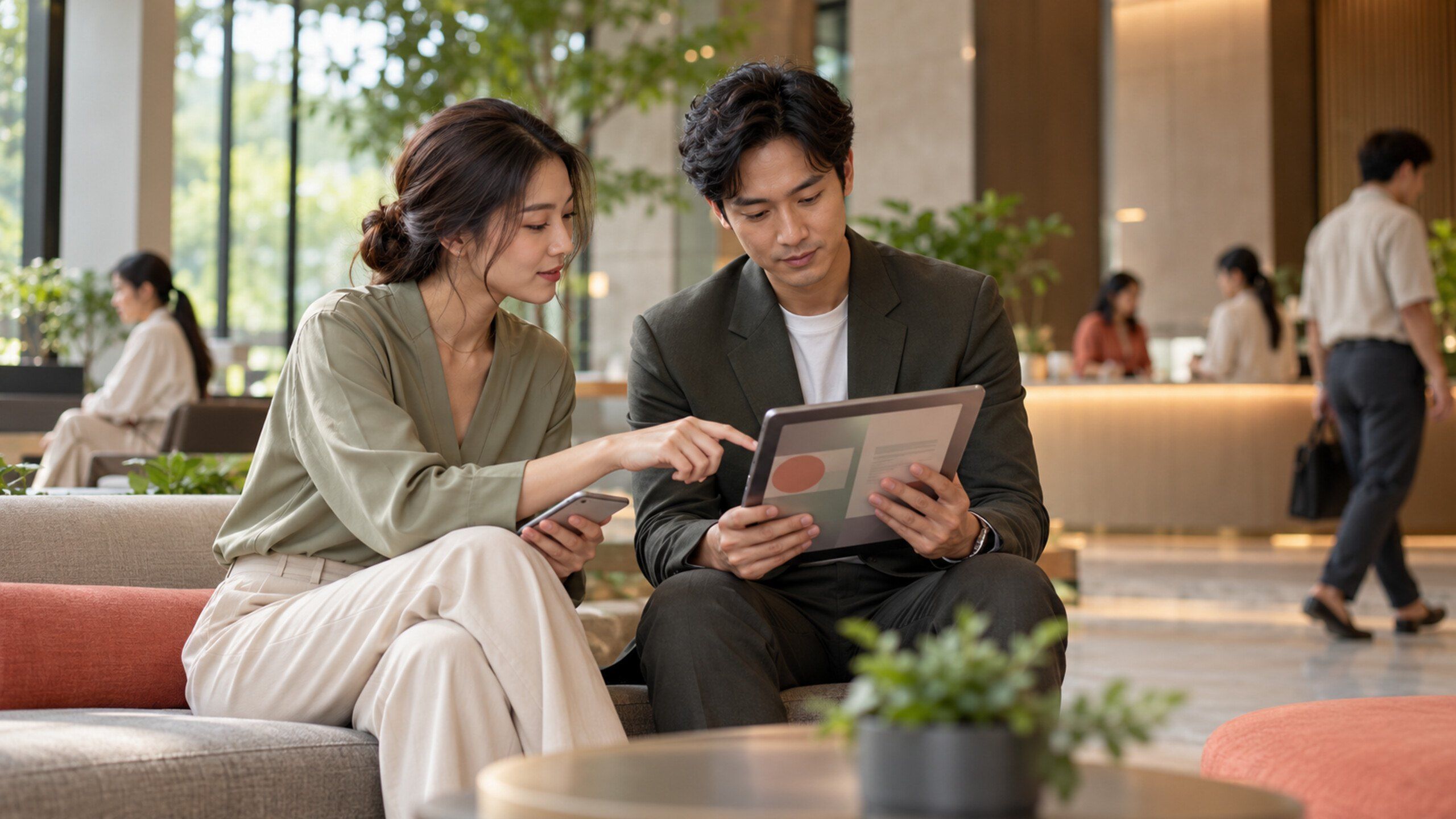 Hands holding a phone and a tablet showing abstract app screens in a modern building lobby