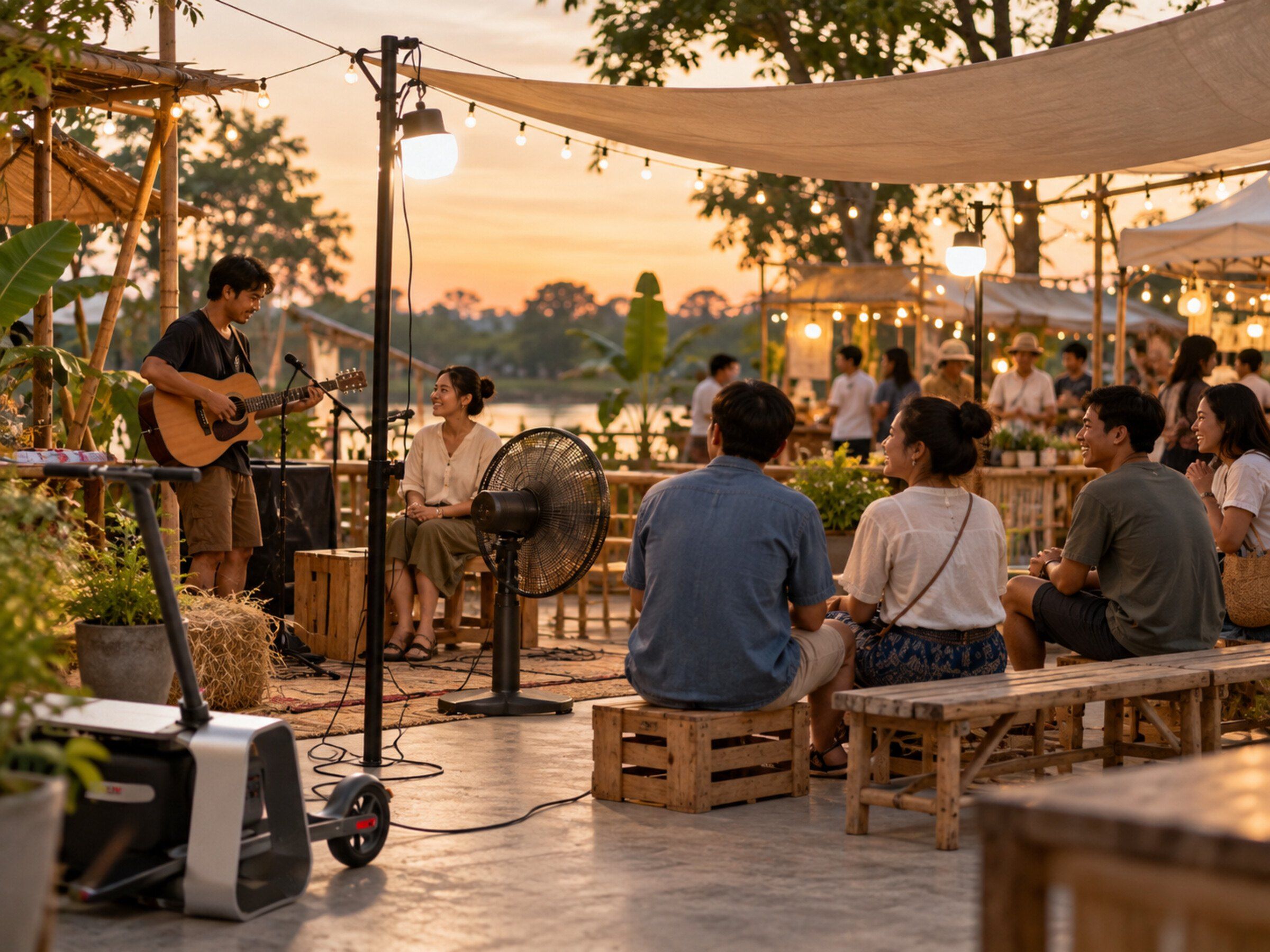 Portable power unit running lights and music at an outdoor community event at dusk