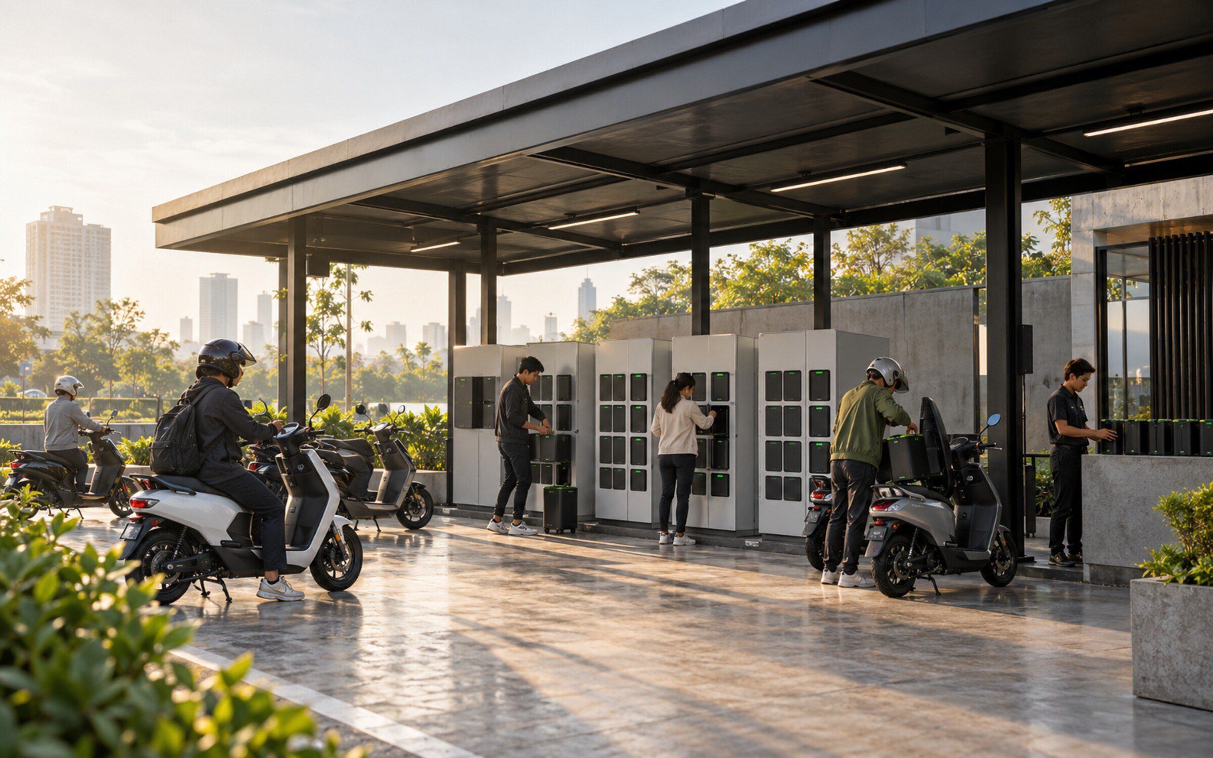 Battery Swapping Station & Platform in a modern Thai space