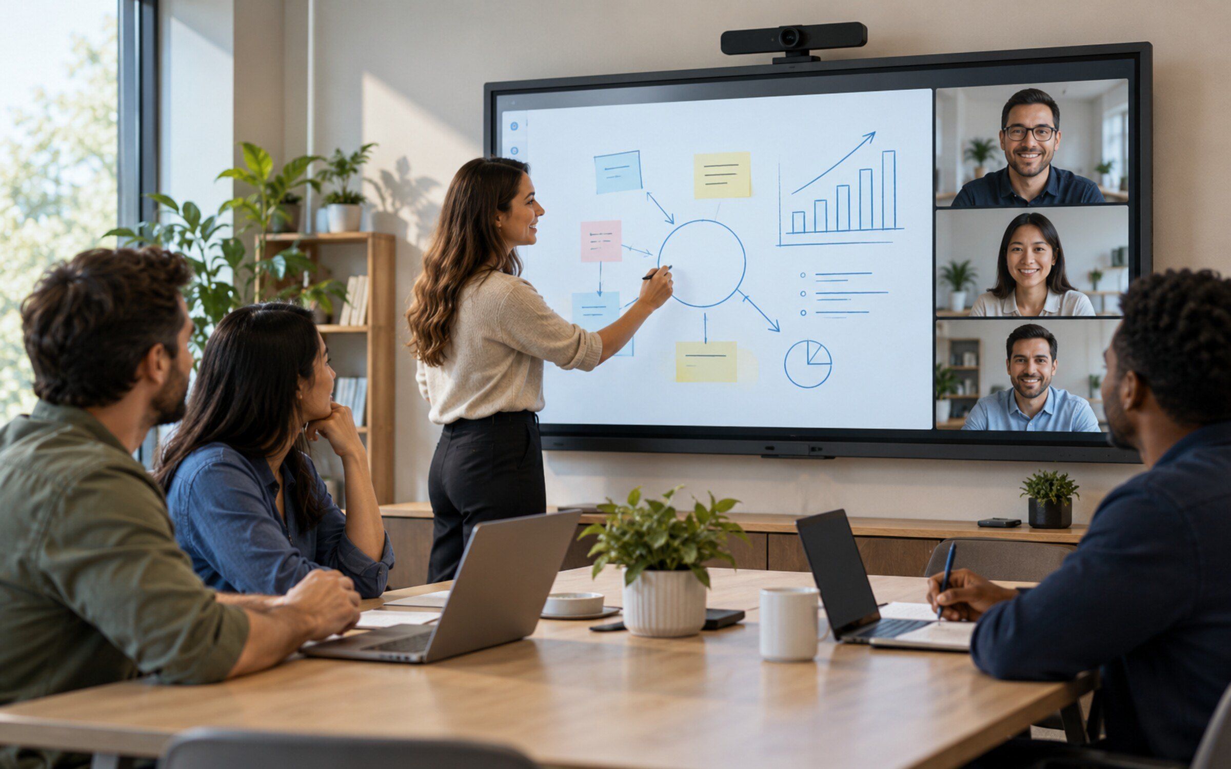 People using Smart Whiteboard & Video Conference