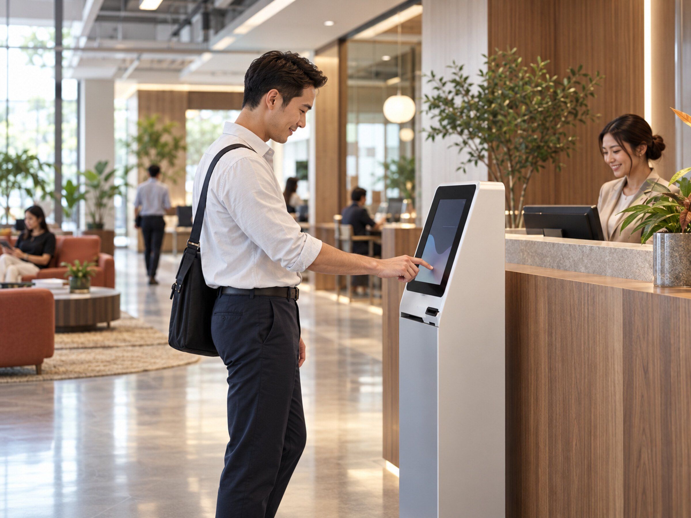 Visitor checks in at a slim self-service reception kiosk in a Grade-A office lobby