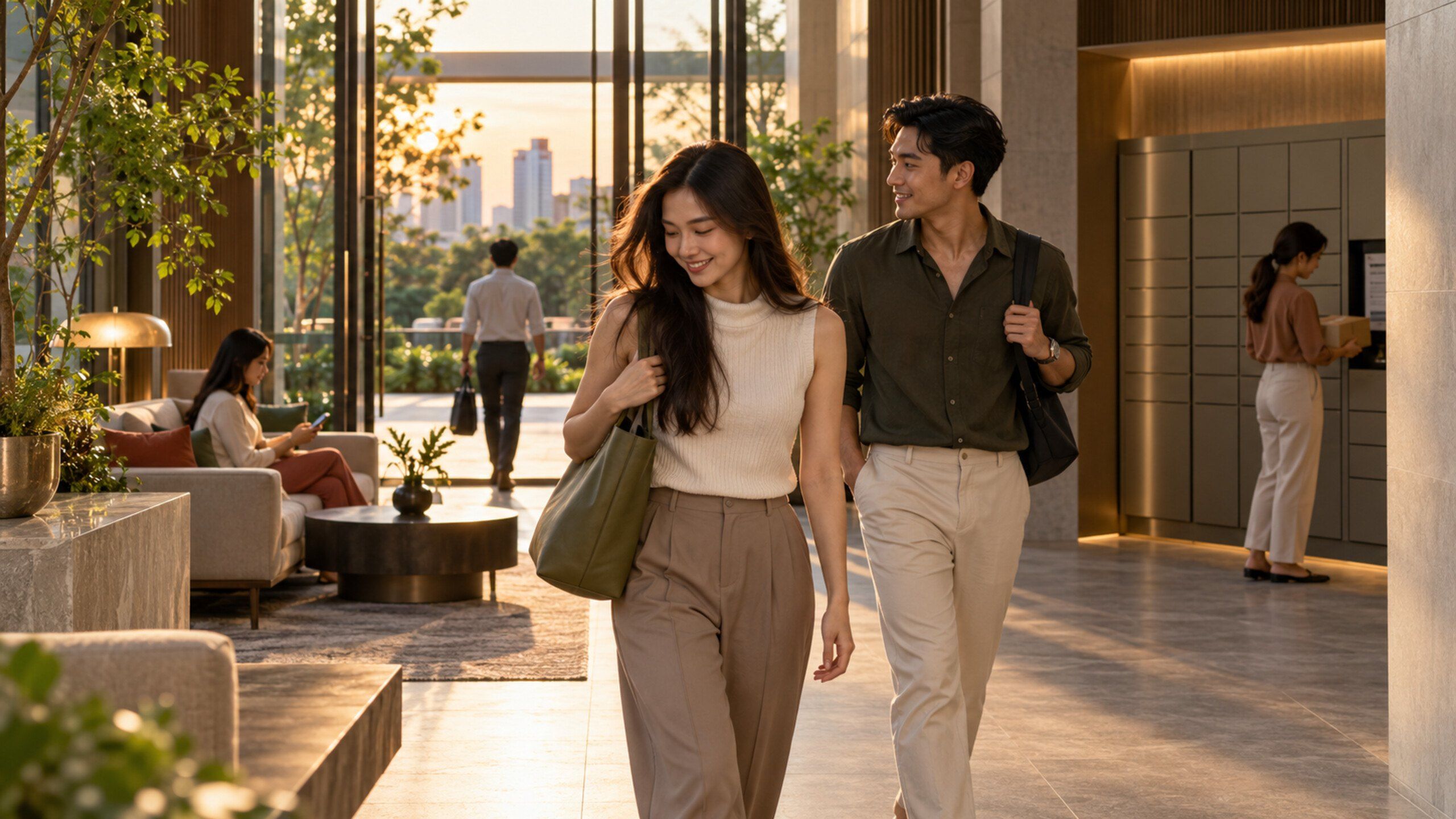 Modern condominium lobby at golden hour, residents coming home, parcel lockers softly in the background