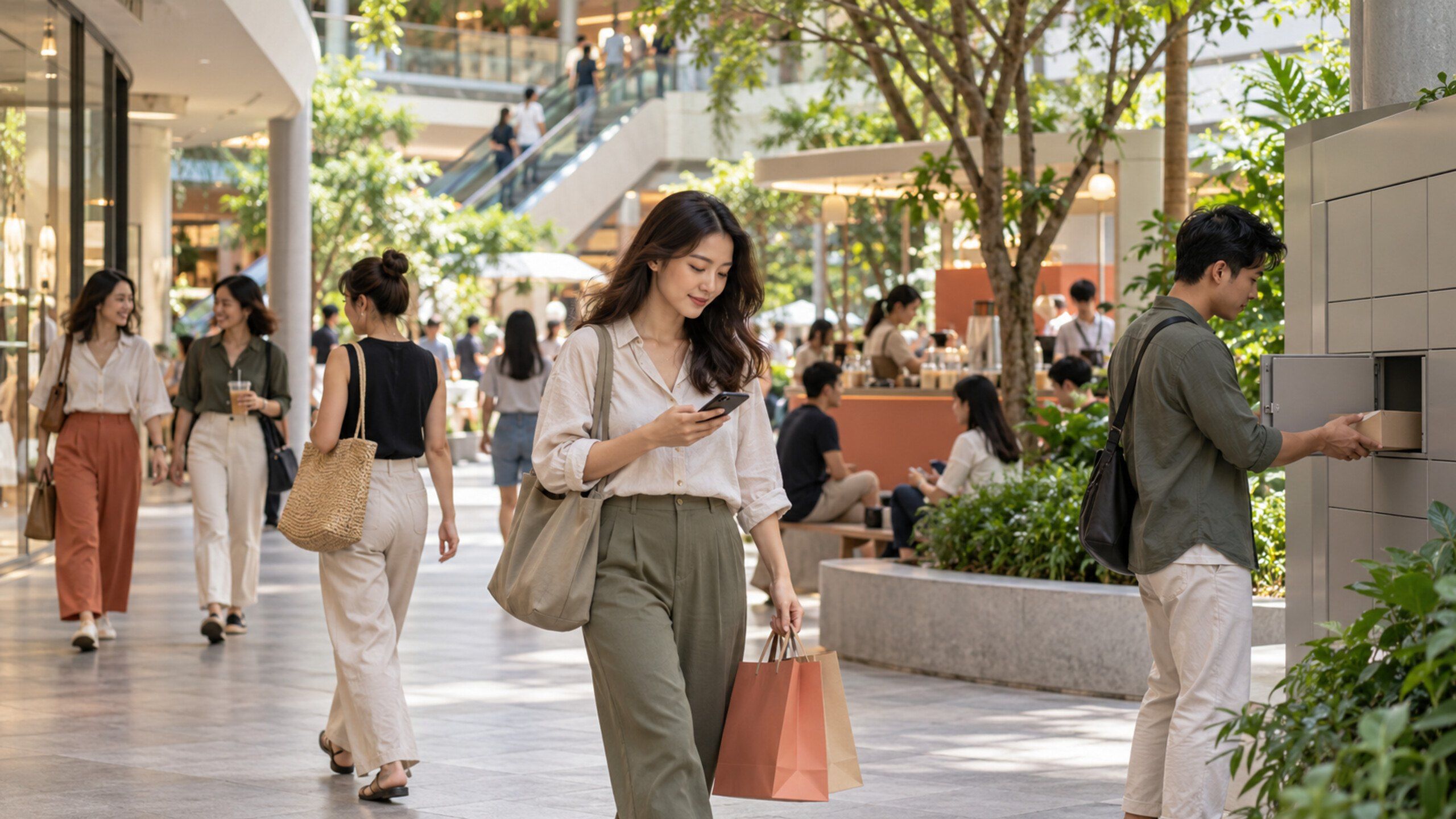 Bright community mall concourse with shoppers