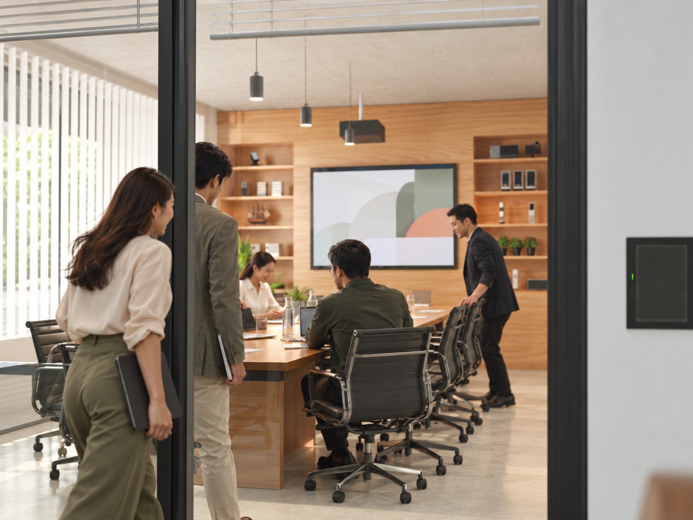 Glass meeting room with a small booking panel at the door