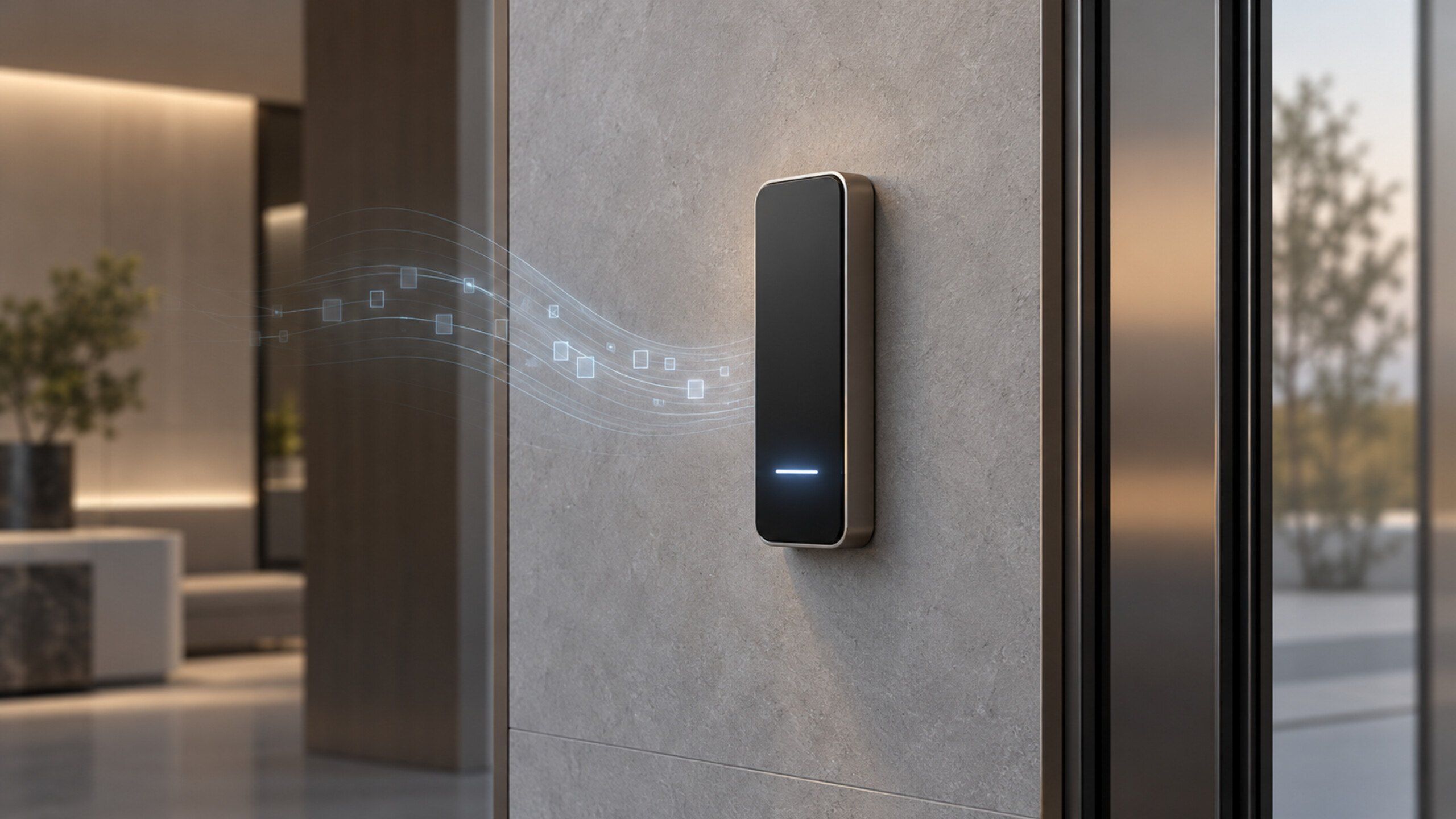 Close-up of an access reader and encrypted data motif