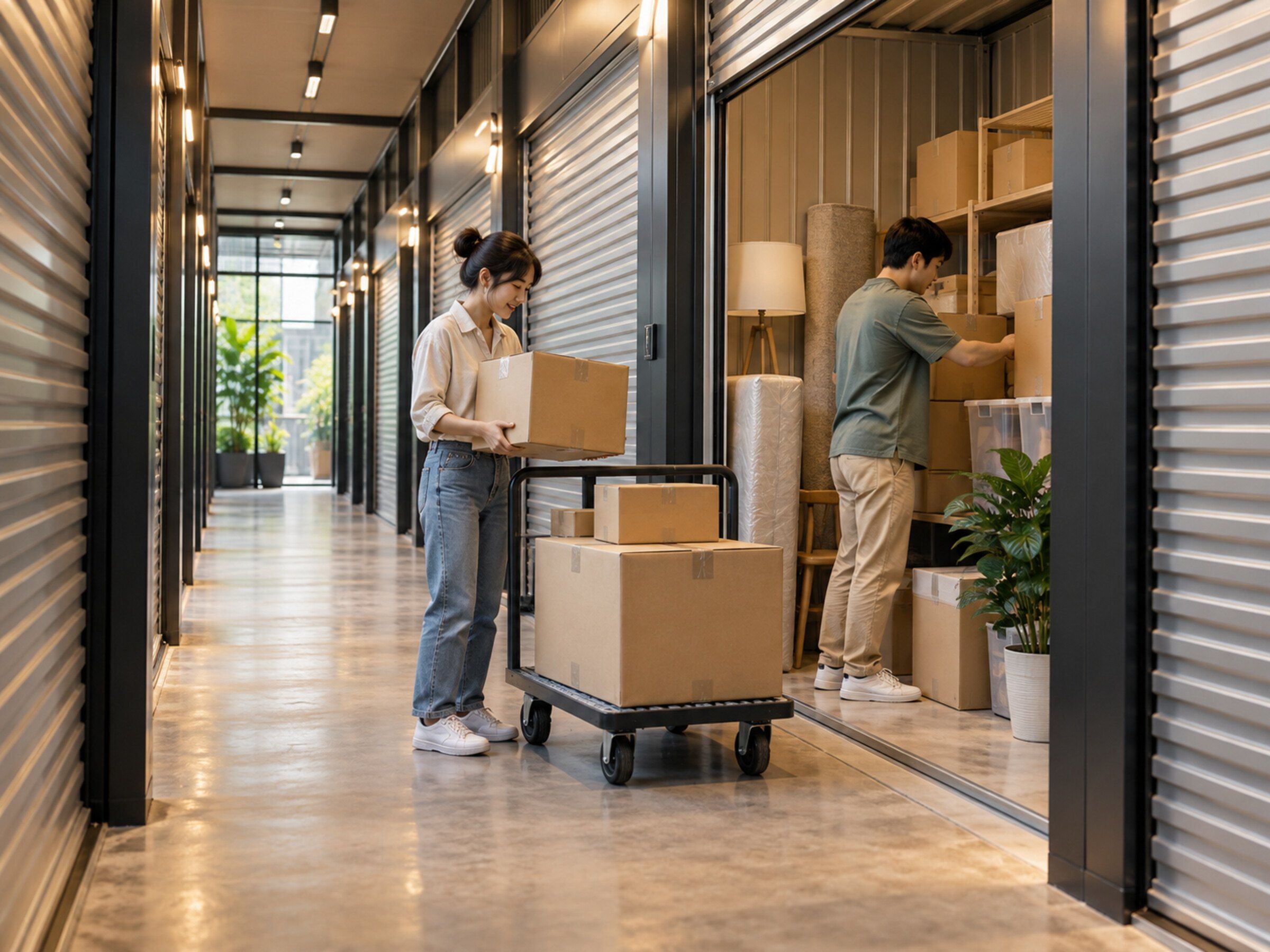 Clean self-storage corridor with roll-up doors