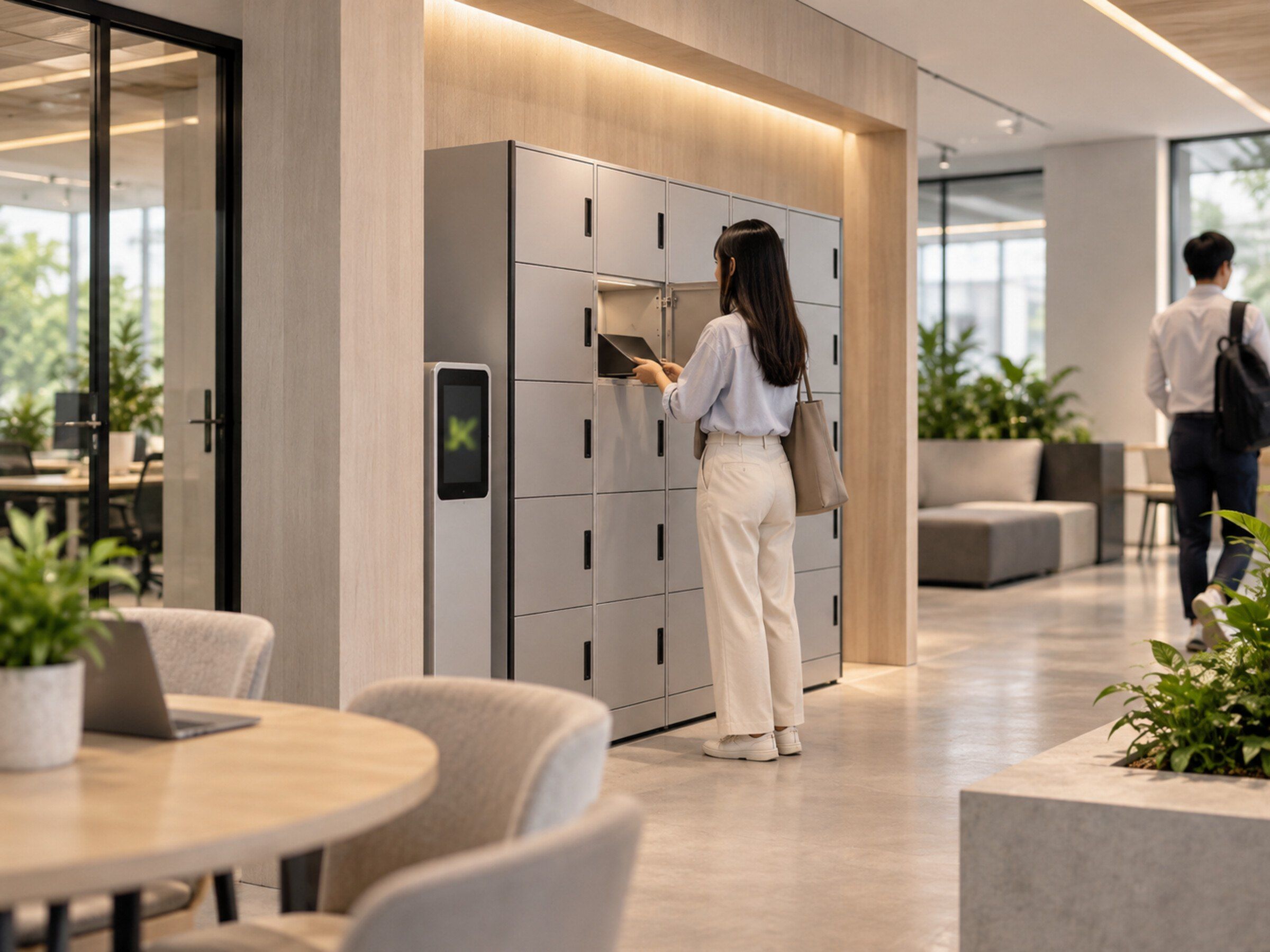 Office IT corner: a bank of smart lockers where an employee picks up a laptop