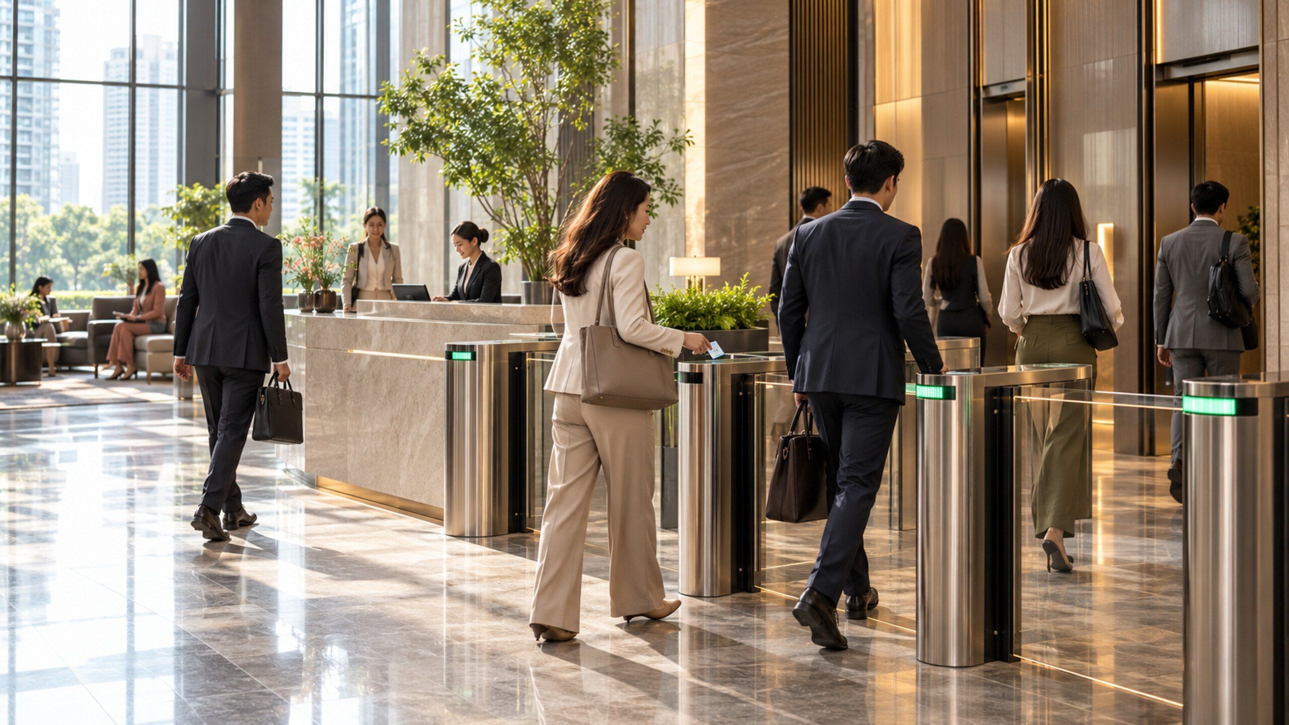 Grade-A office tower lobby: turnstiles, reception kiosk and lifts, people arriving in the morning