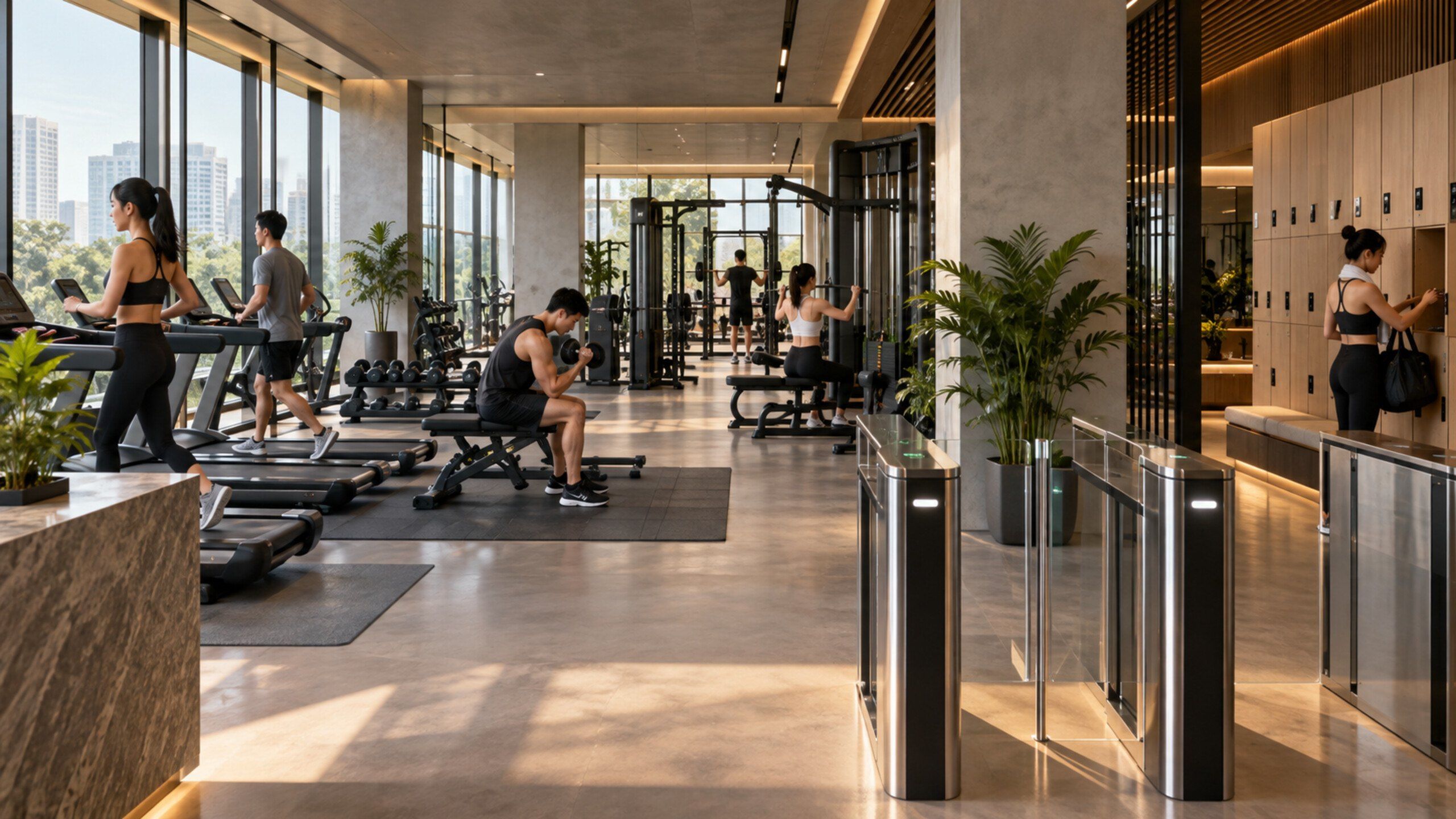 Modern gym with members, entry gates and lockers in view