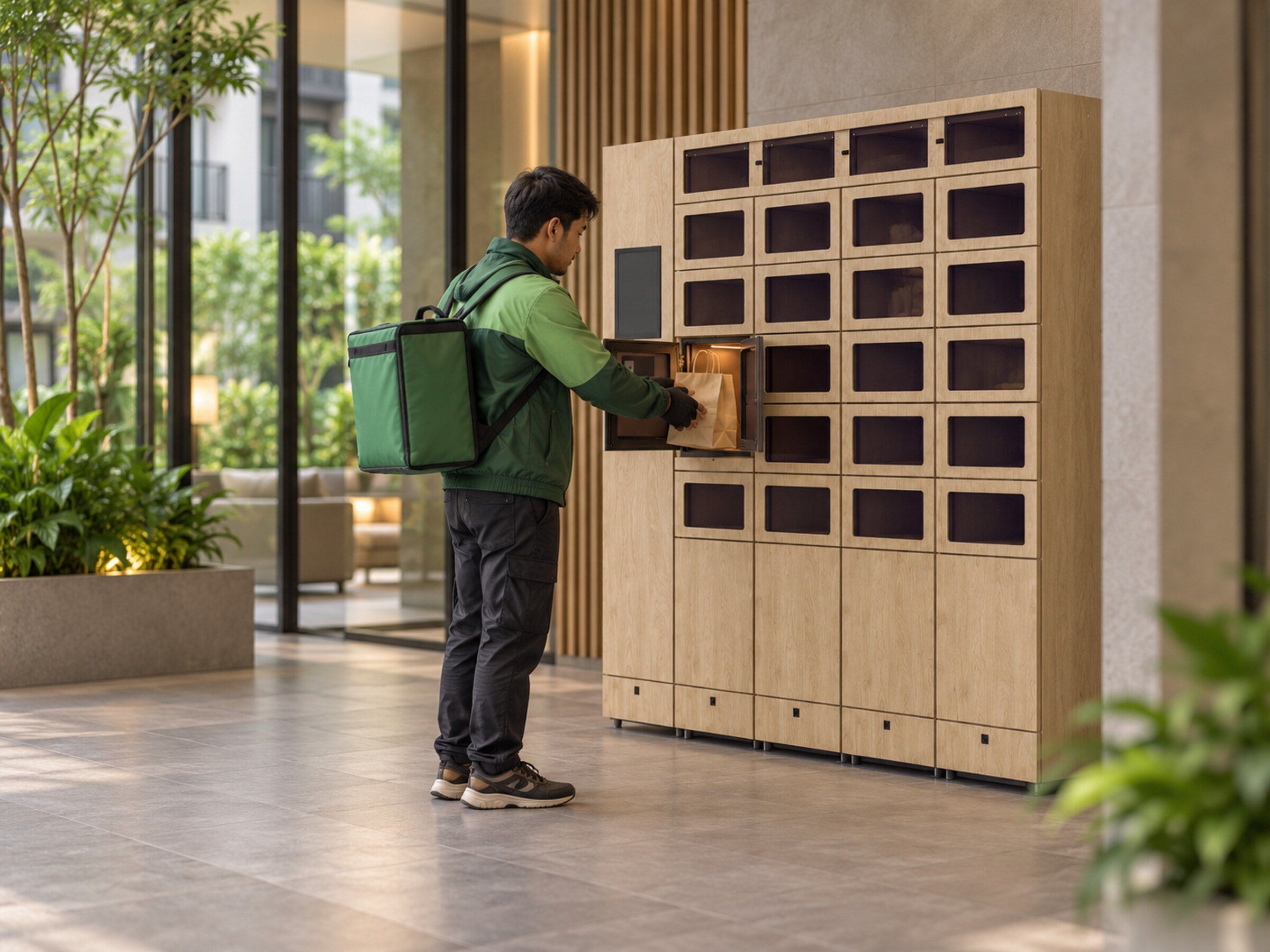 Food-delivery rider places a hot order into a heated smart food locker at a condo entrance