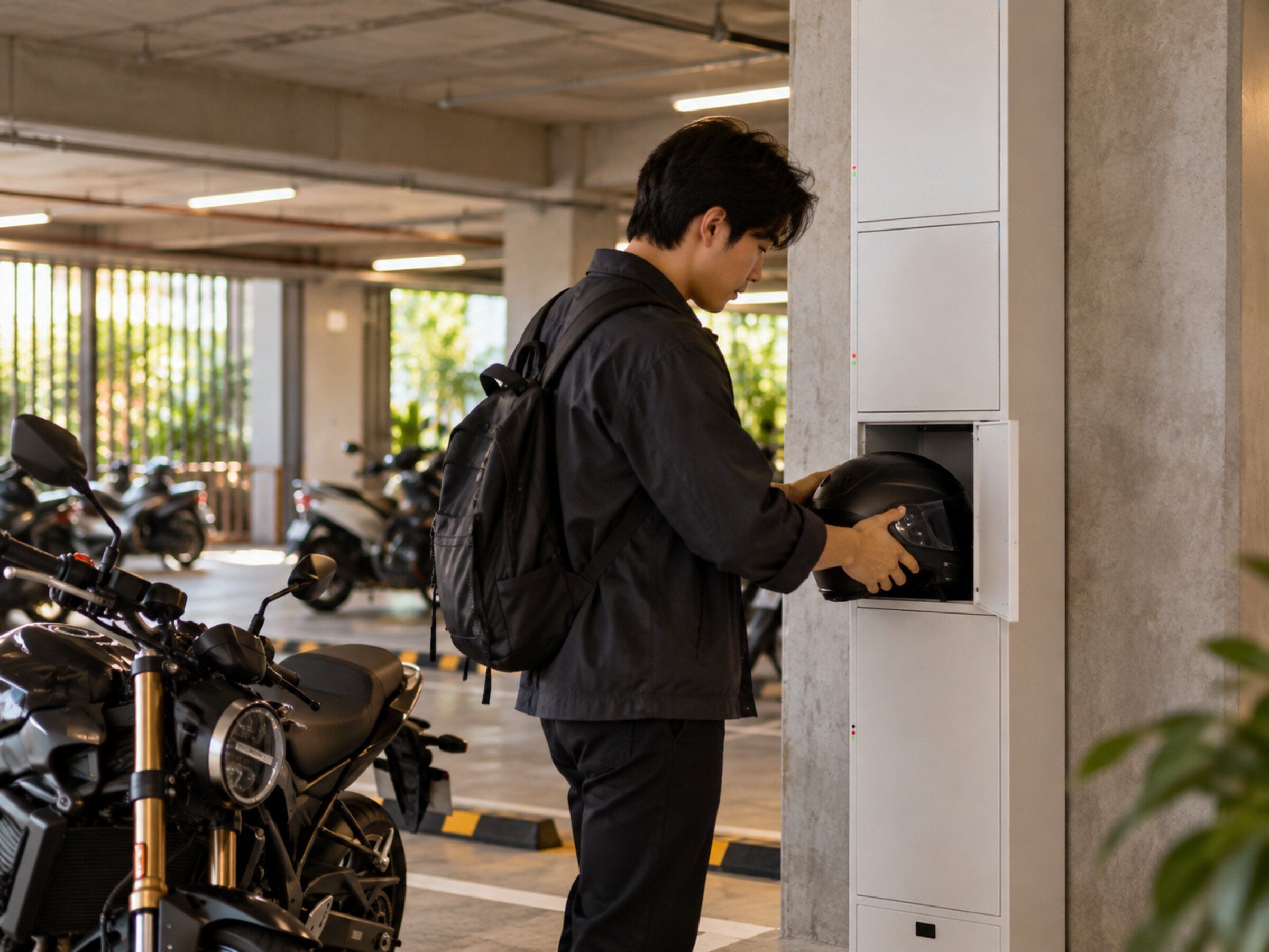 Mall parking level: a rider stores a motorcycle helmet in a compact locker column next to motorbike parking