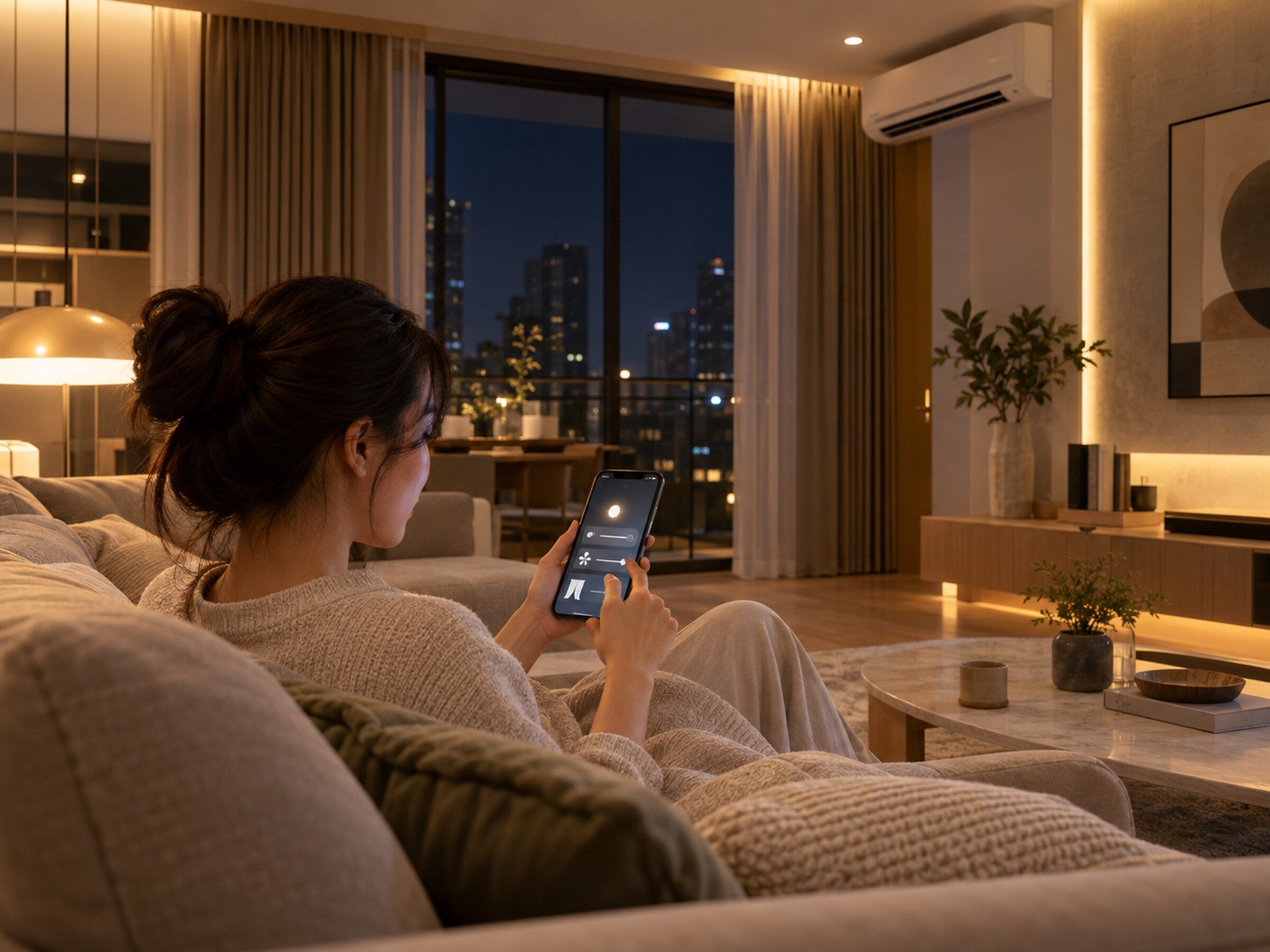Condo living room at night: lights, curtains and AC controlled from a phone