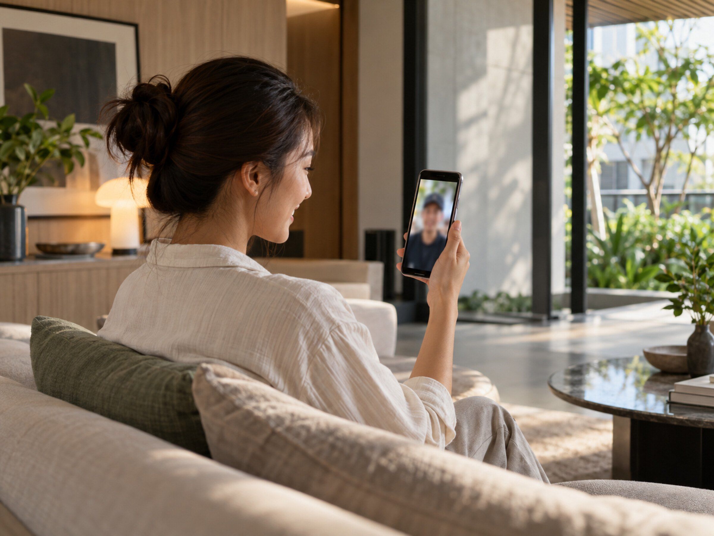Resident answering a video call from the lobby on a phone at home