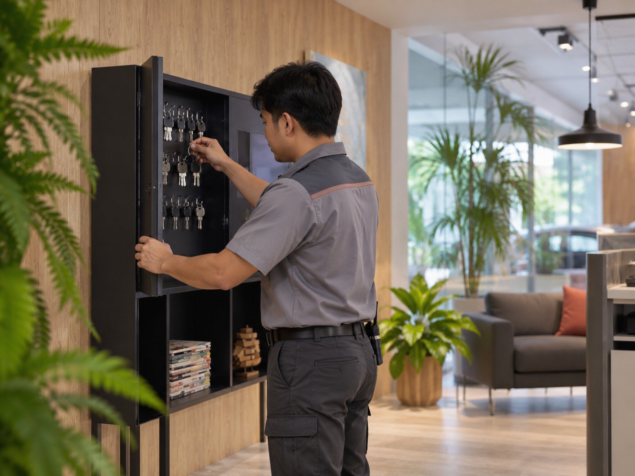 Facility staff takes a key from a smart key cabinet in a building management office