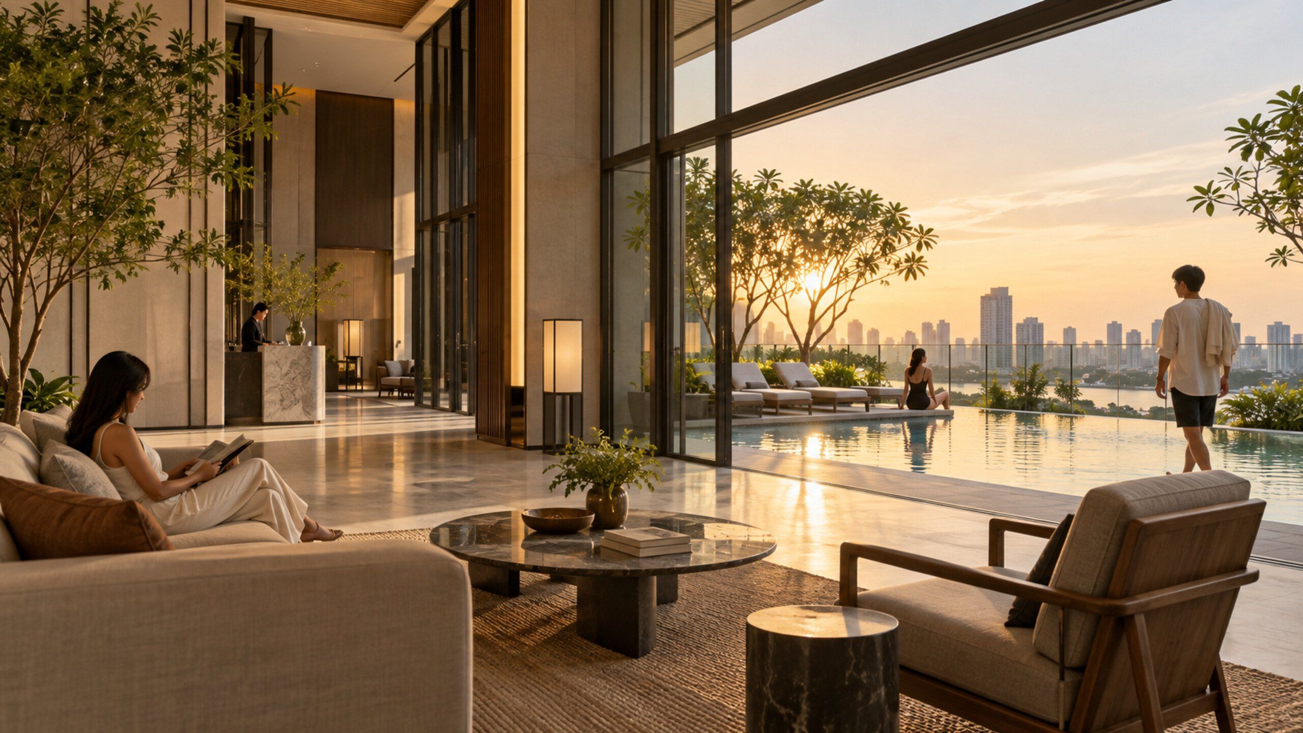 High-rise condominium lobby and pool deck at golden hour