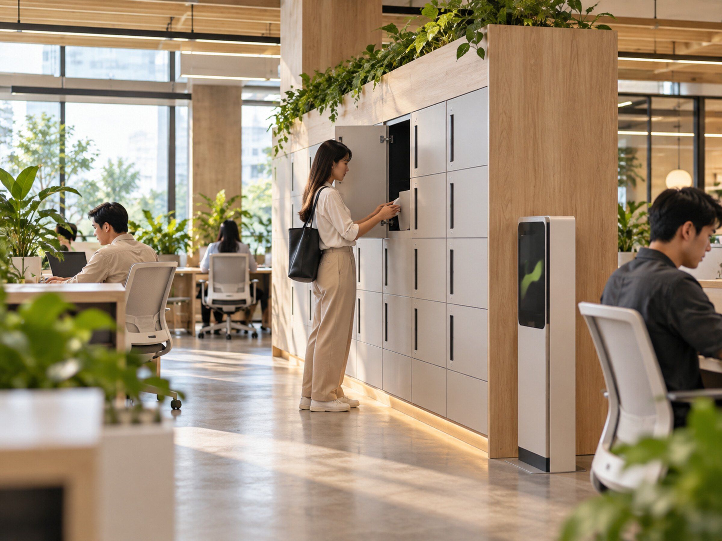 Open-plan office: employees use a long bank of smart lockers between desks