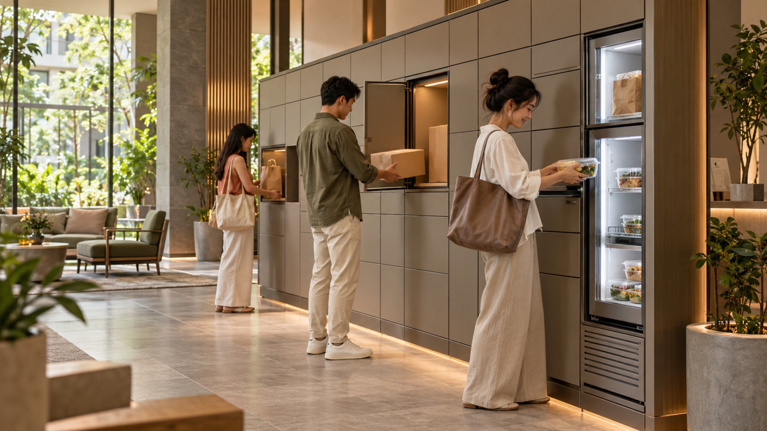 Building lobby with a long smart locker wall and residents collecting items