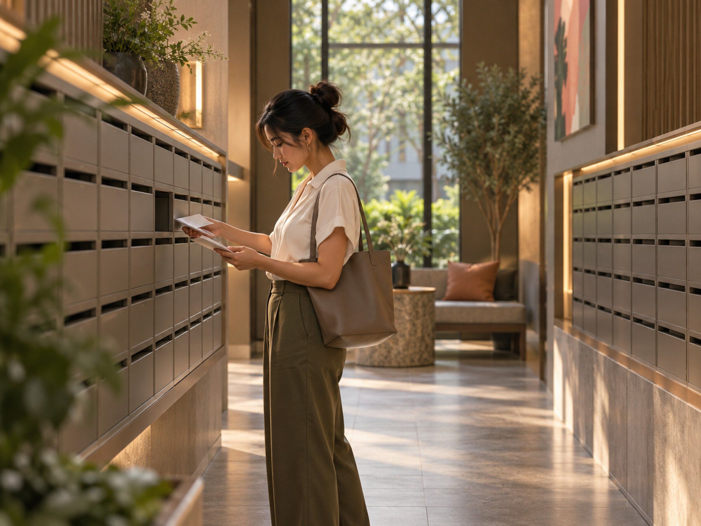 Tidy condo mail room with rows of mailboxes