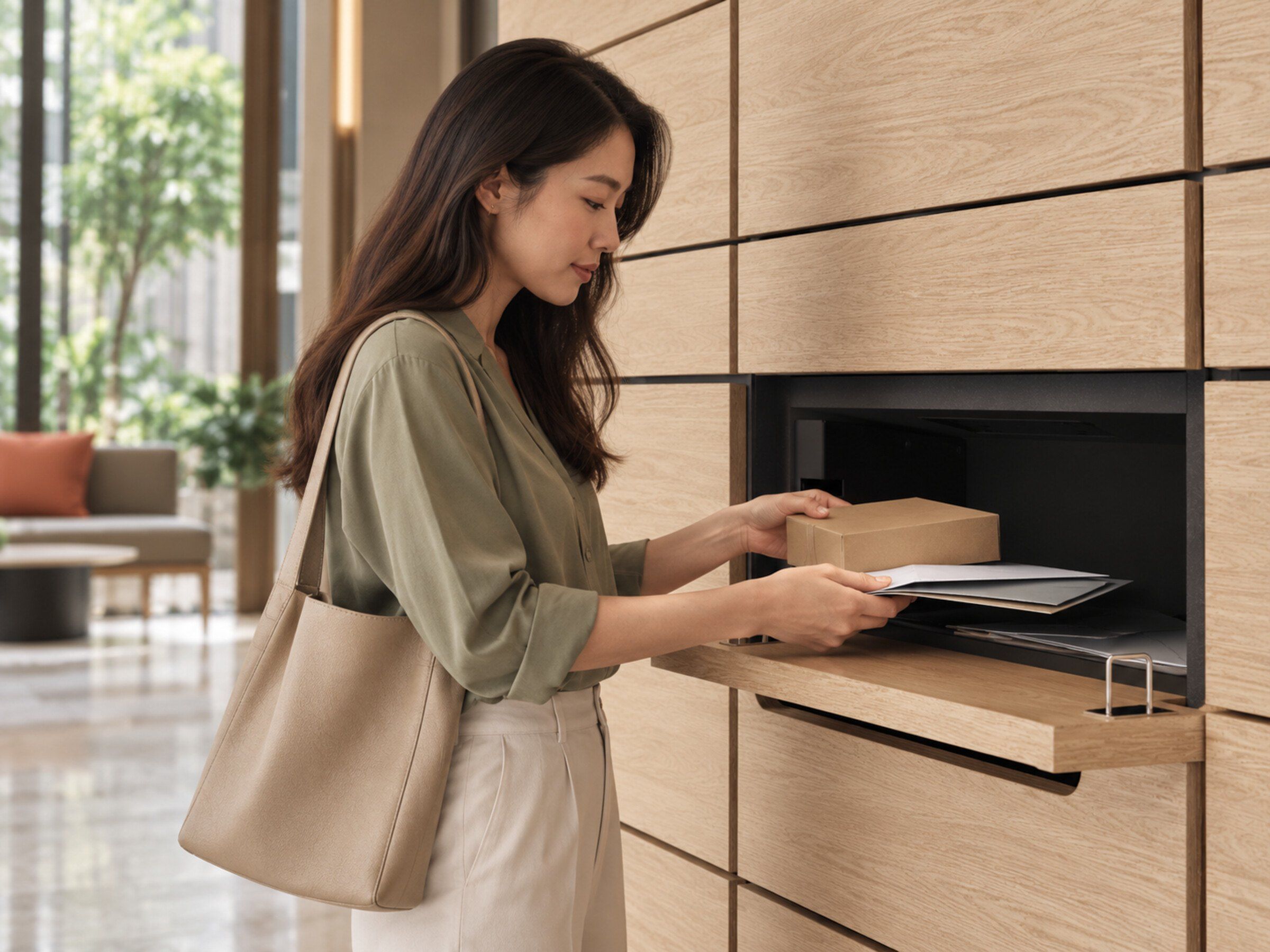 Resident takes letters and a small parcel out of a slim smart mailbox unit in a residential lobby