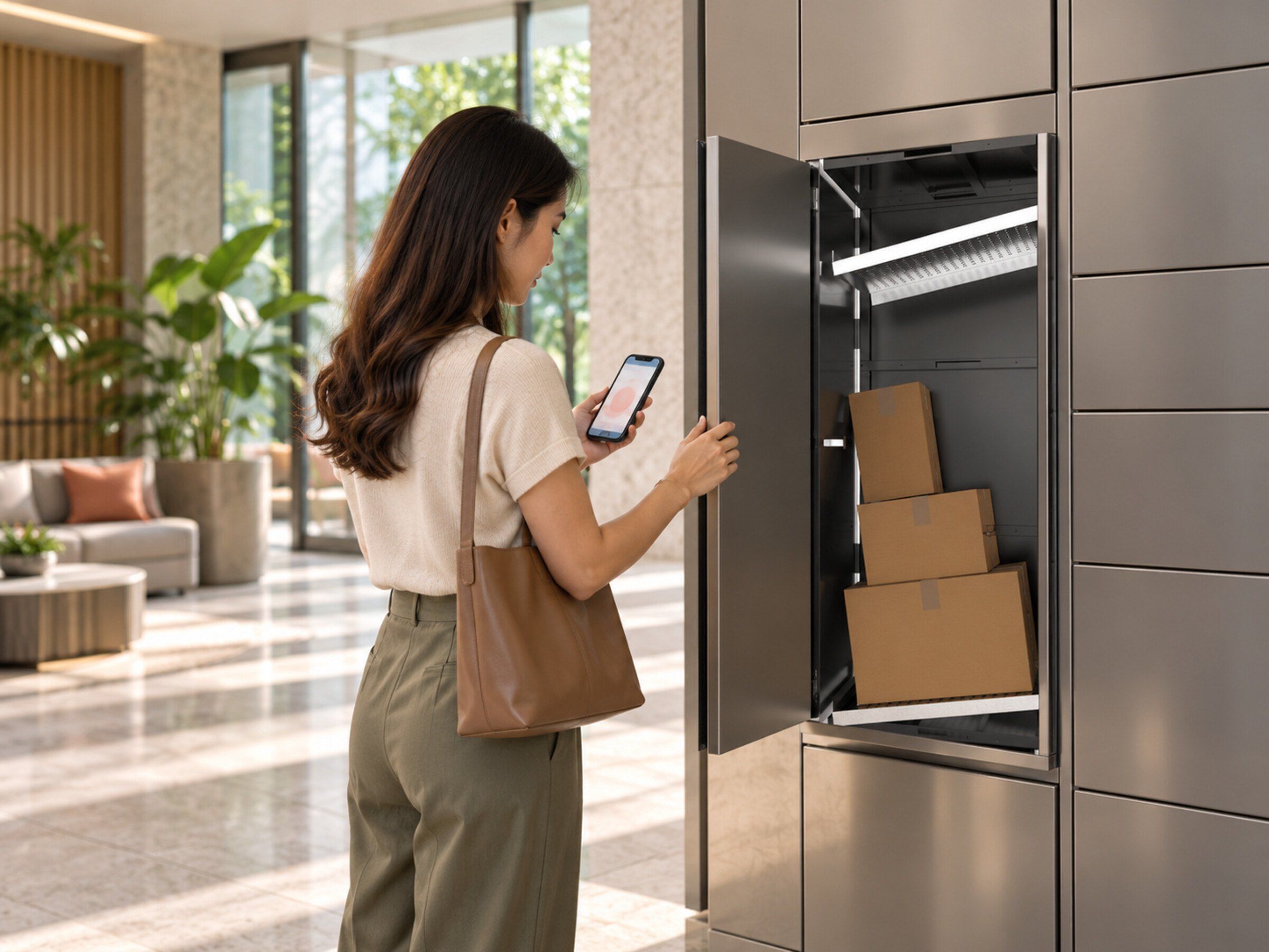 Resident opens a smart parcel locker door with a phone in a bright condo lobby