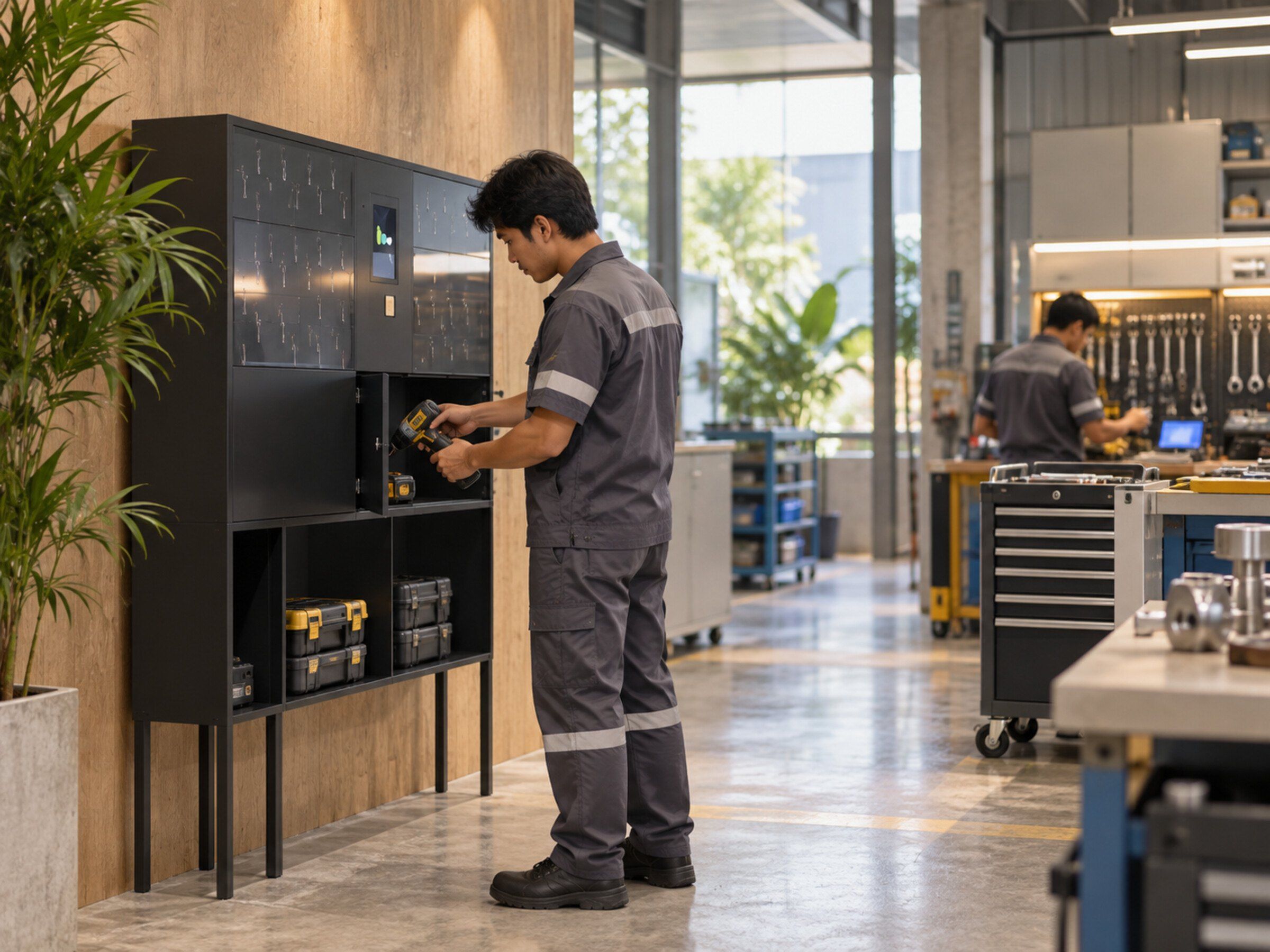 Factory tool crib: technician in work uniform taking a tool from a smart storage locker