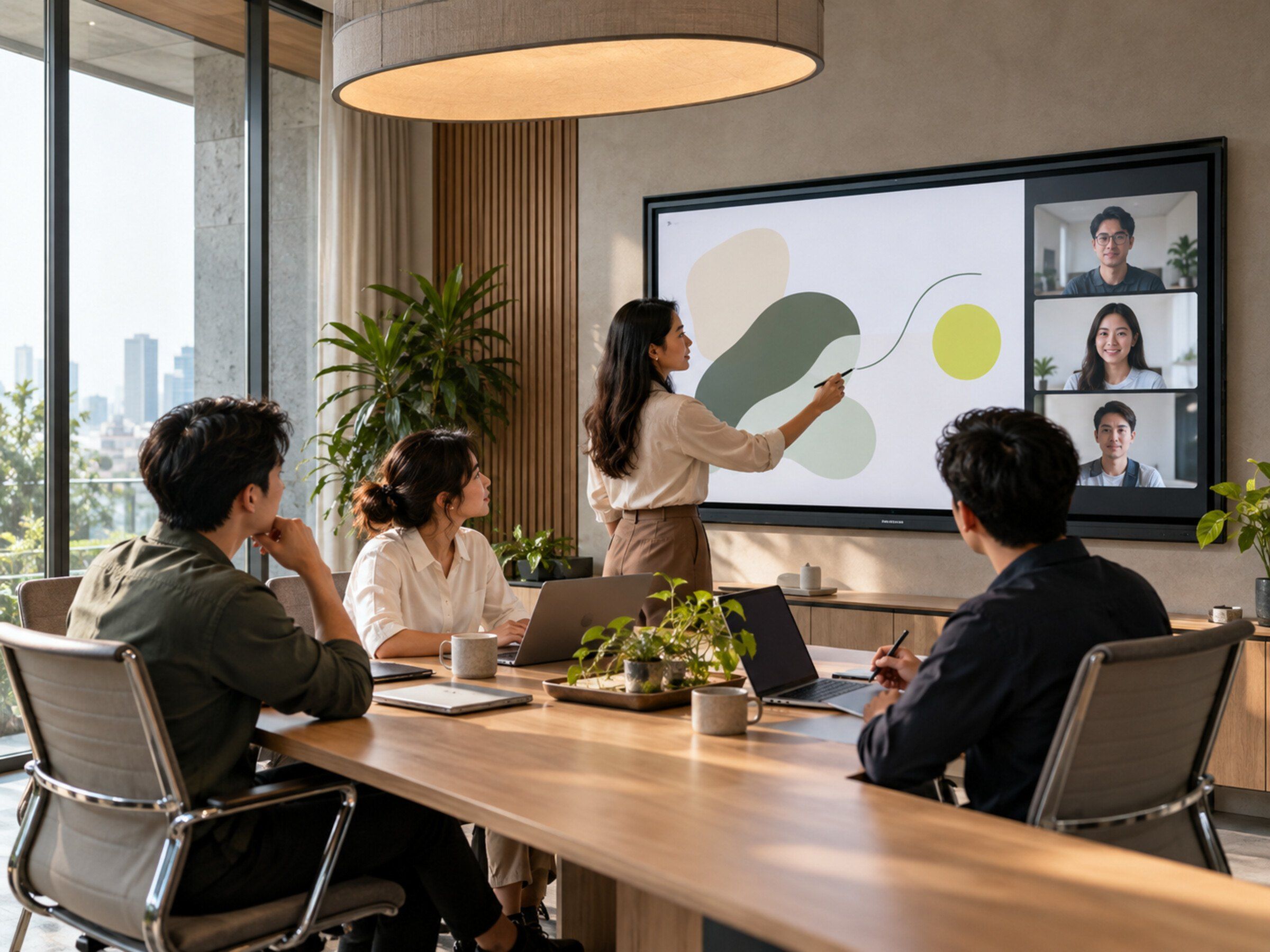 Meeting room with an interactive whiteboard and video call