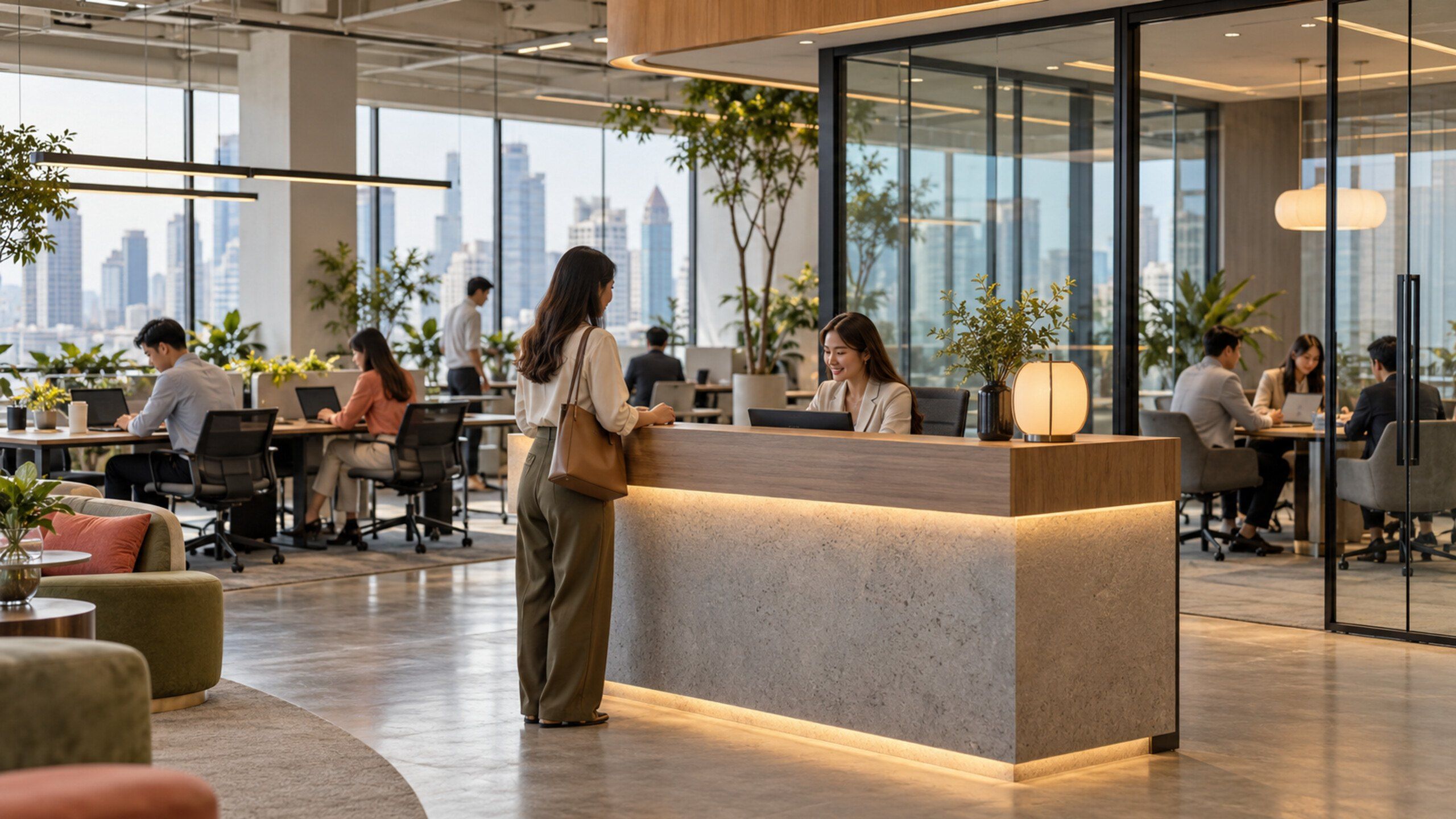 Modern open-plan office with hot desks, glass meeting rooms and a visitor arriving at reception