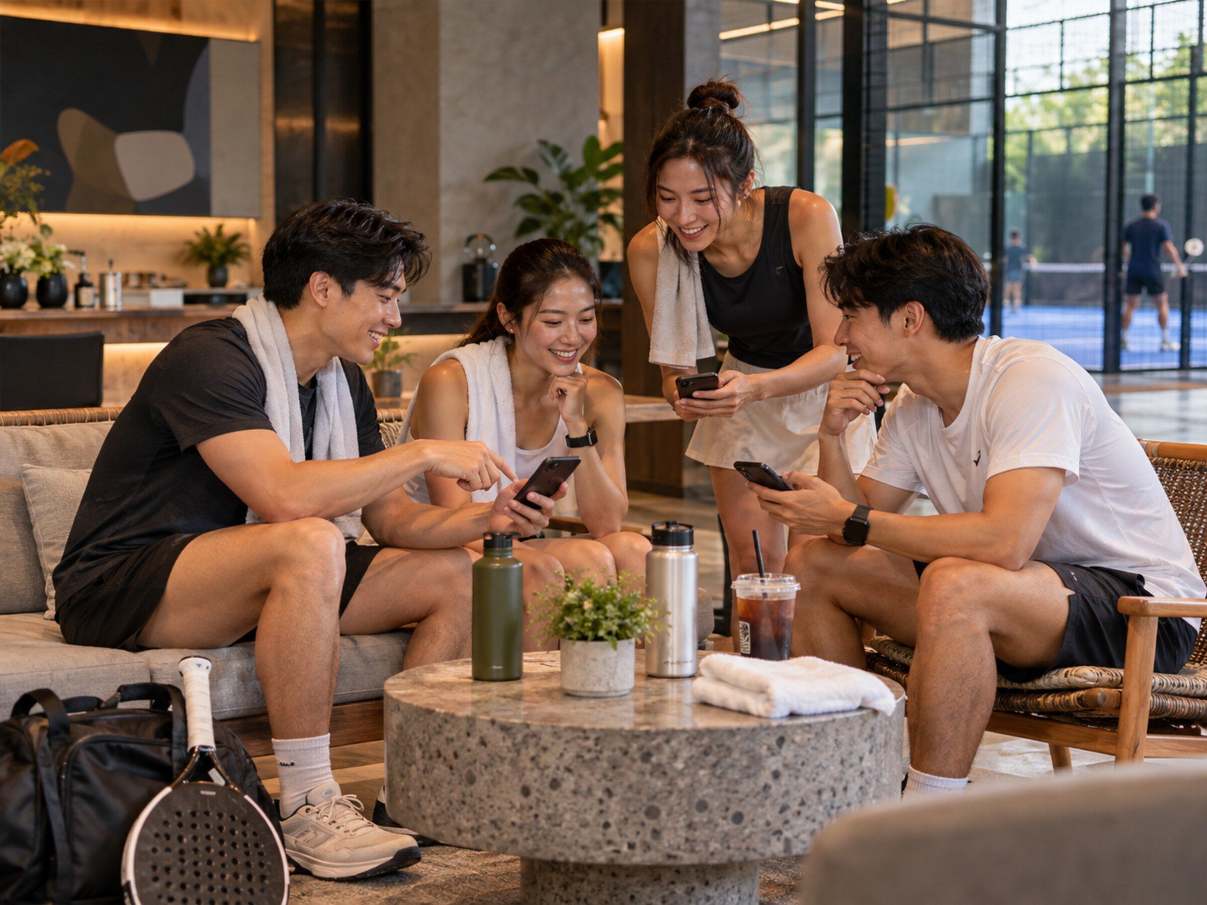 Group of friends at a club social pod after a game, phones out planning the next session