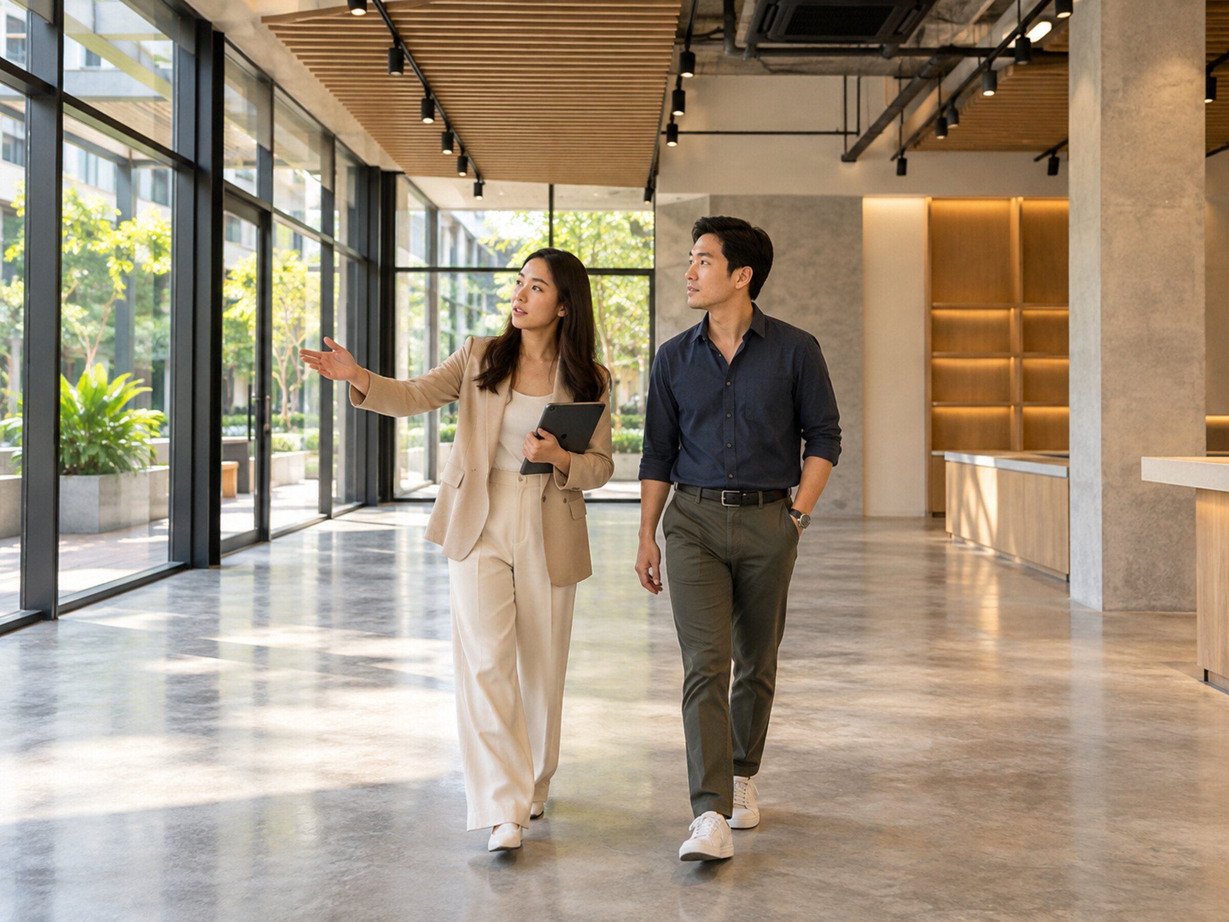Leasing manager touring a retail space with a prospective tenant holding a tablet