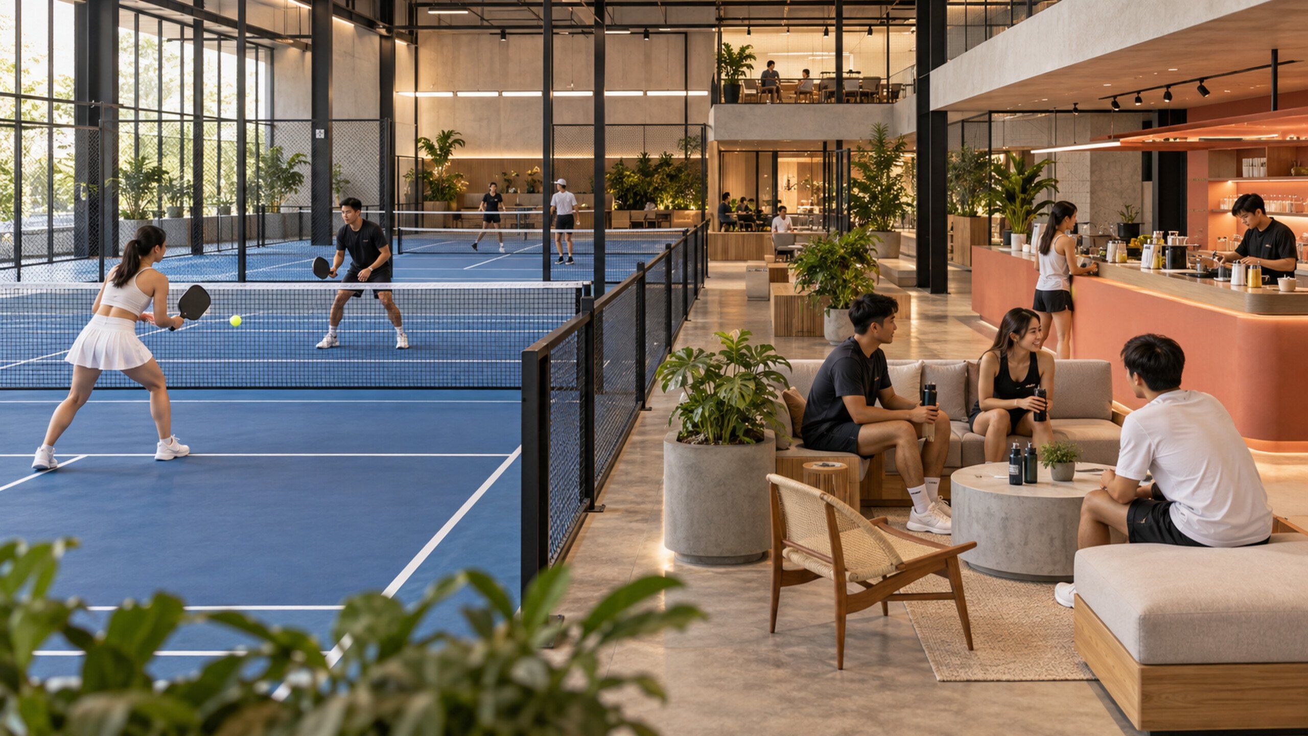 Indoor pickleball & lifestyle club: courts, social pods, counter