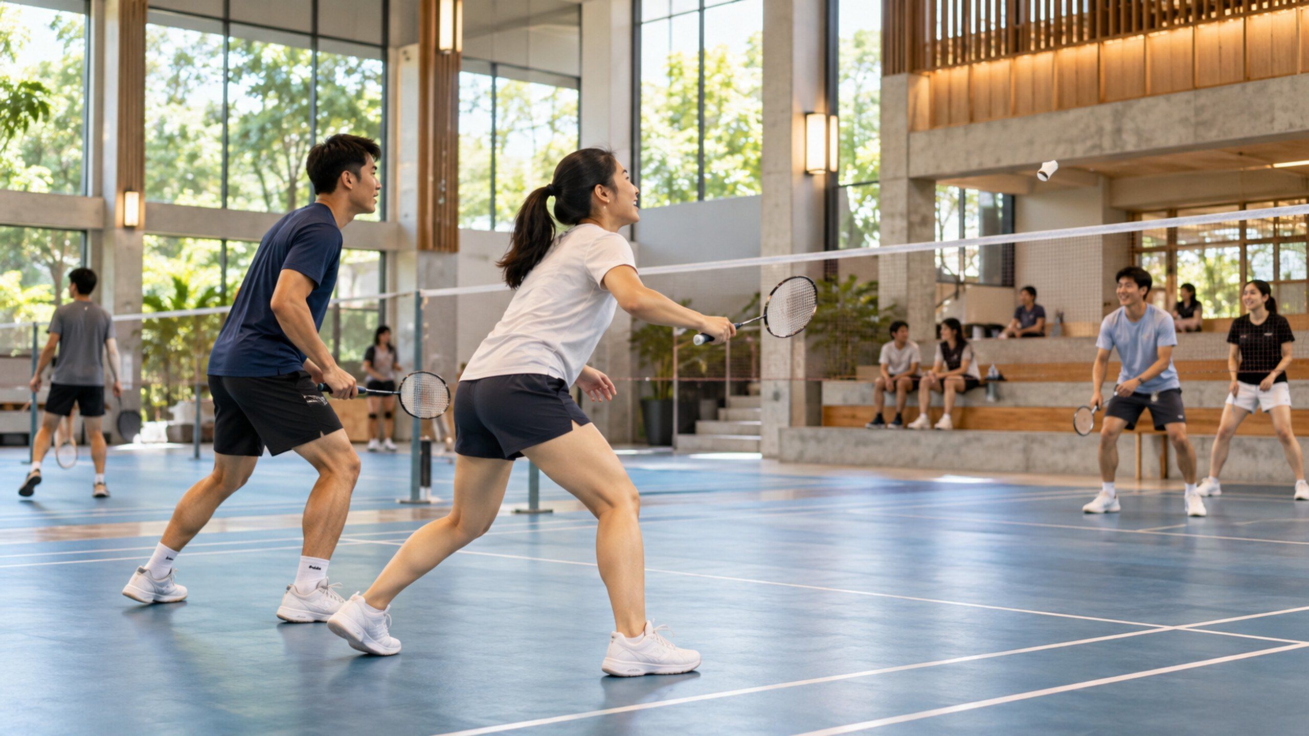 Indoor sports venue with courts and spectators