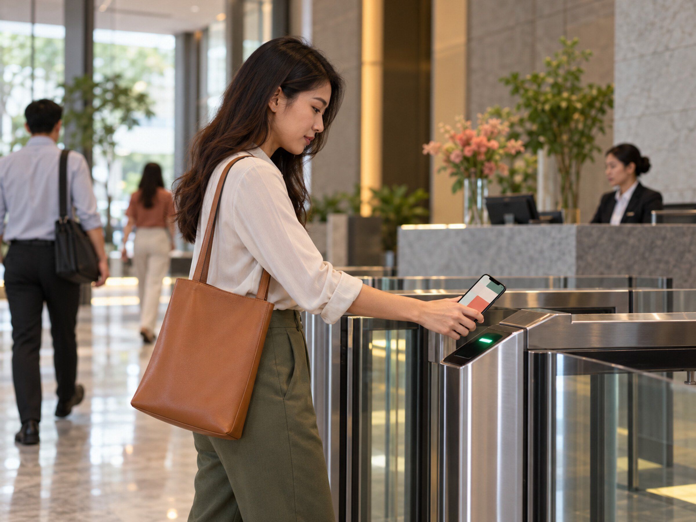 Visitor scans a QR pass on a phone at an office lobby turnstile
