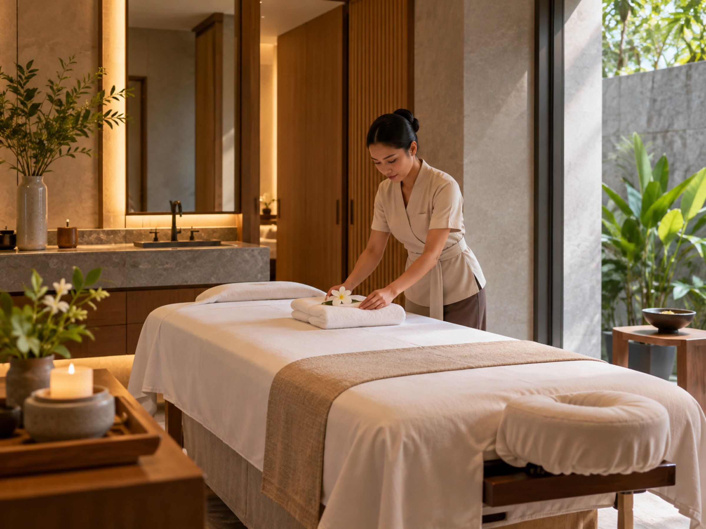 Calm spa treatment room with a massage bed, towels and soft light